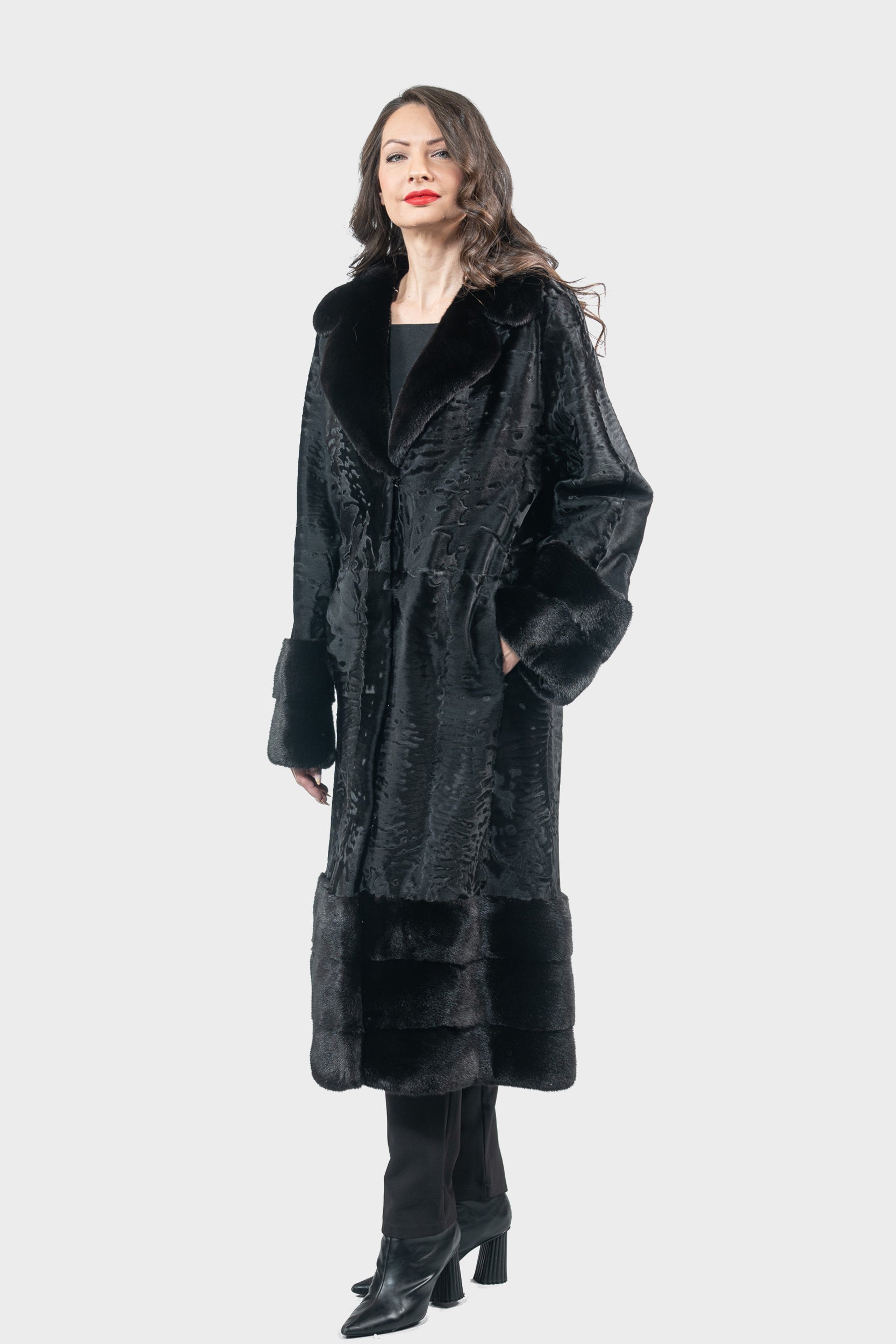 Black Swakara Coat with Mink Trim