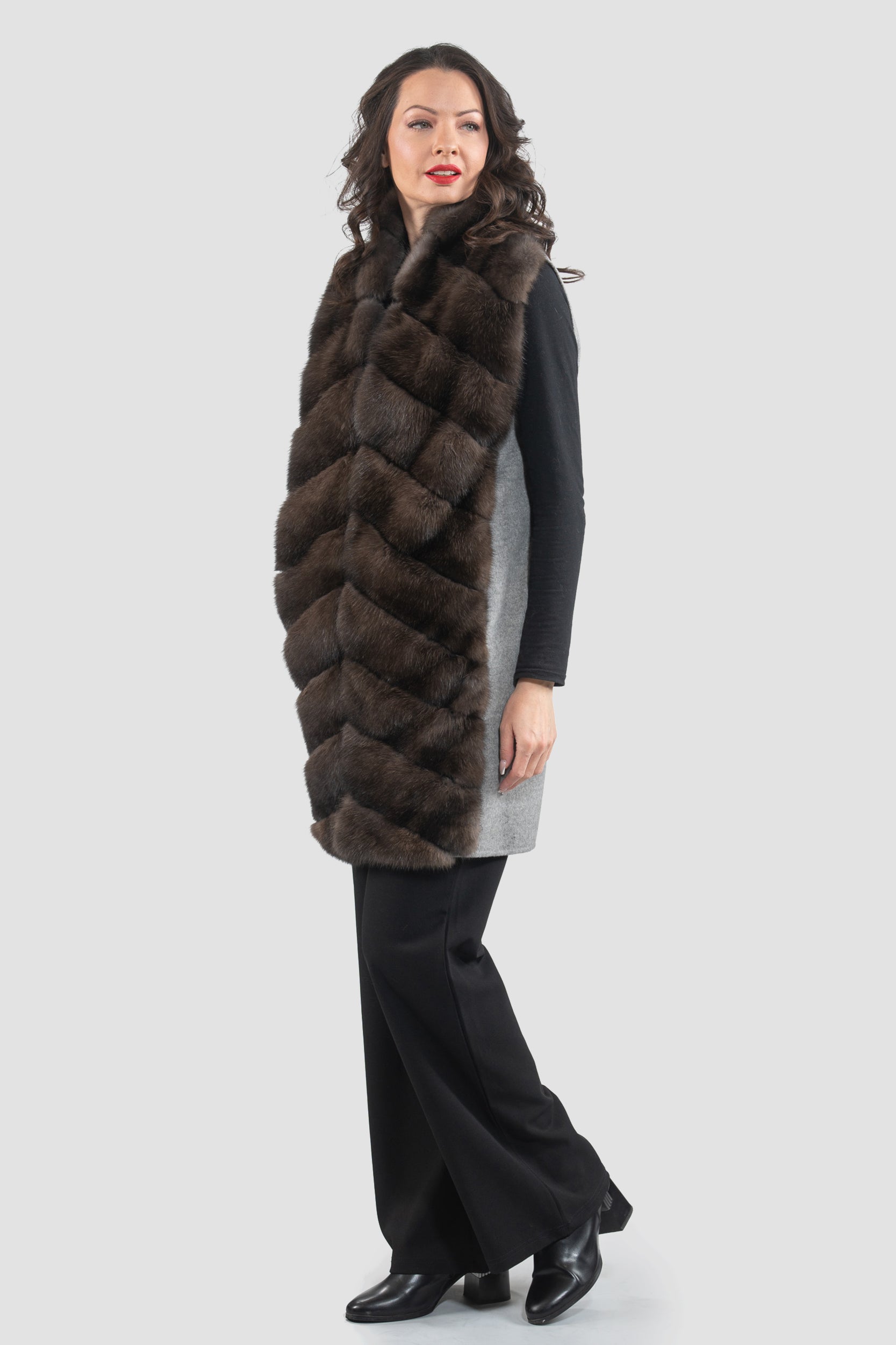 Grey Cashmere Vest with Russian Sable Trim