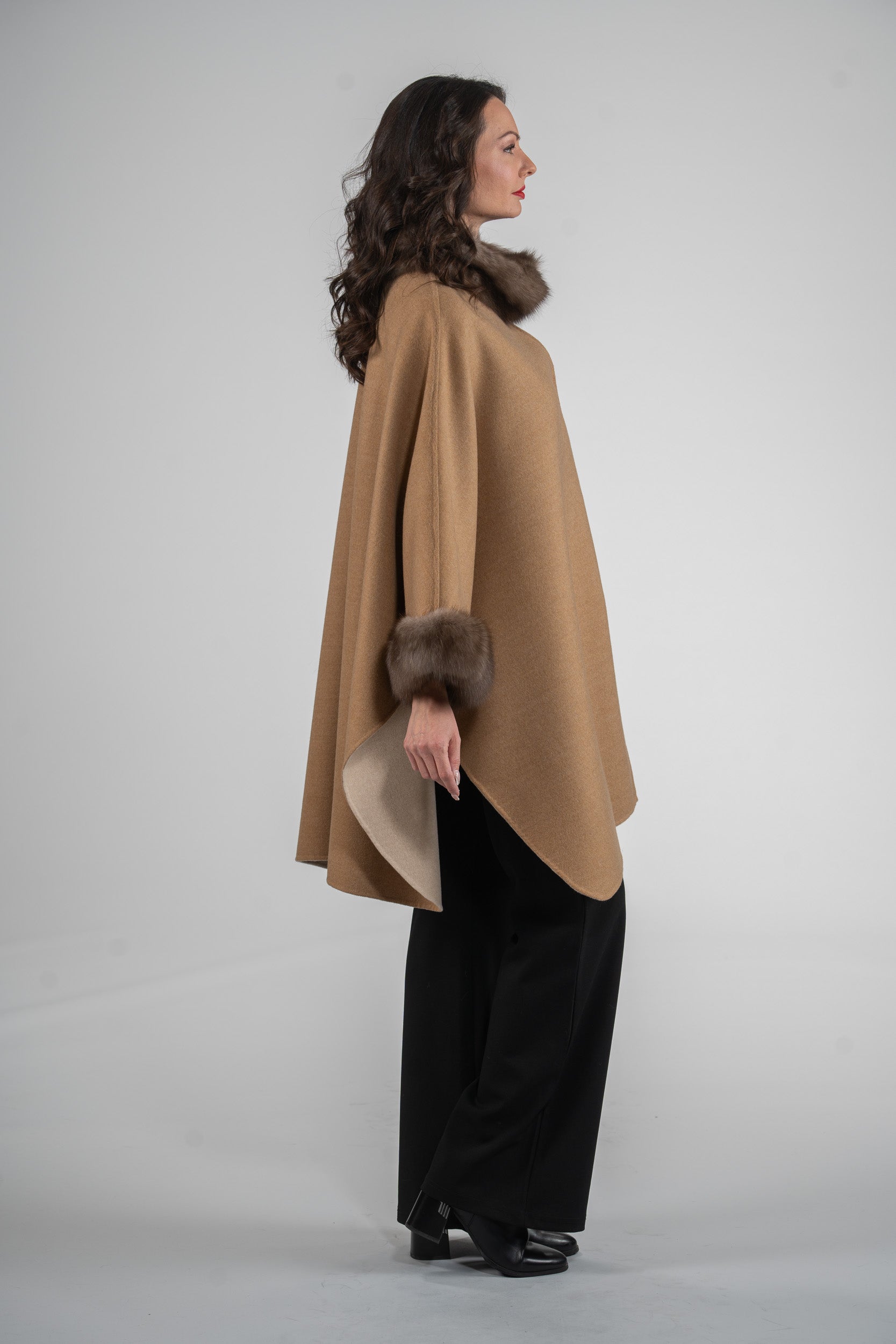 Beige Cashmere Cape with Russian Sable Trim