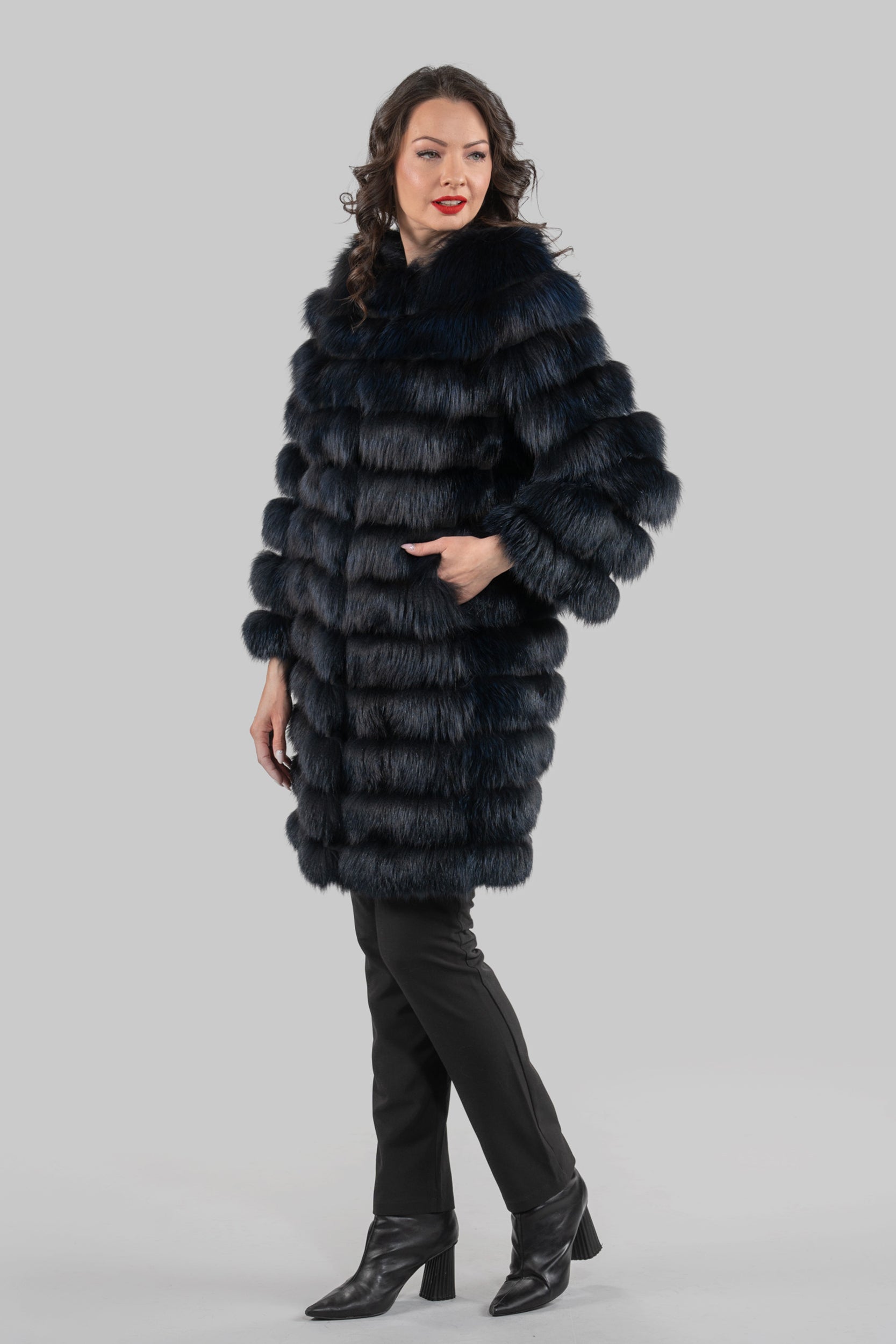 Blue Black Fox Collarless Half Coat