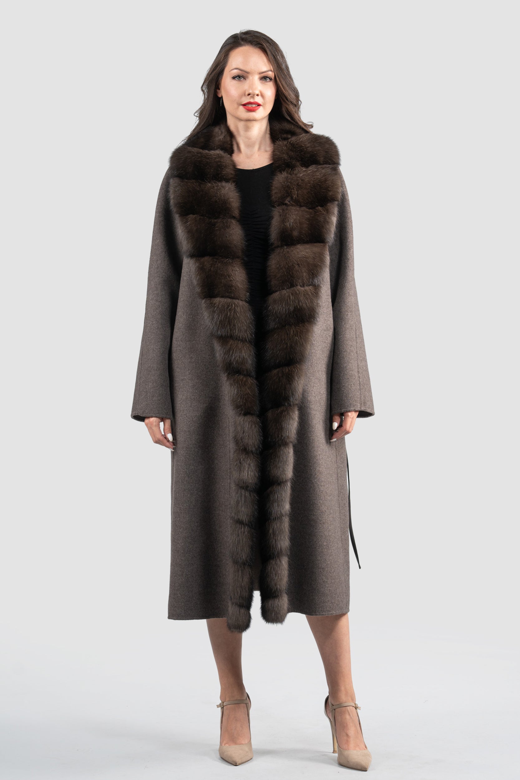 Brown Grey Cashmere Coat with Russian Sable Trim