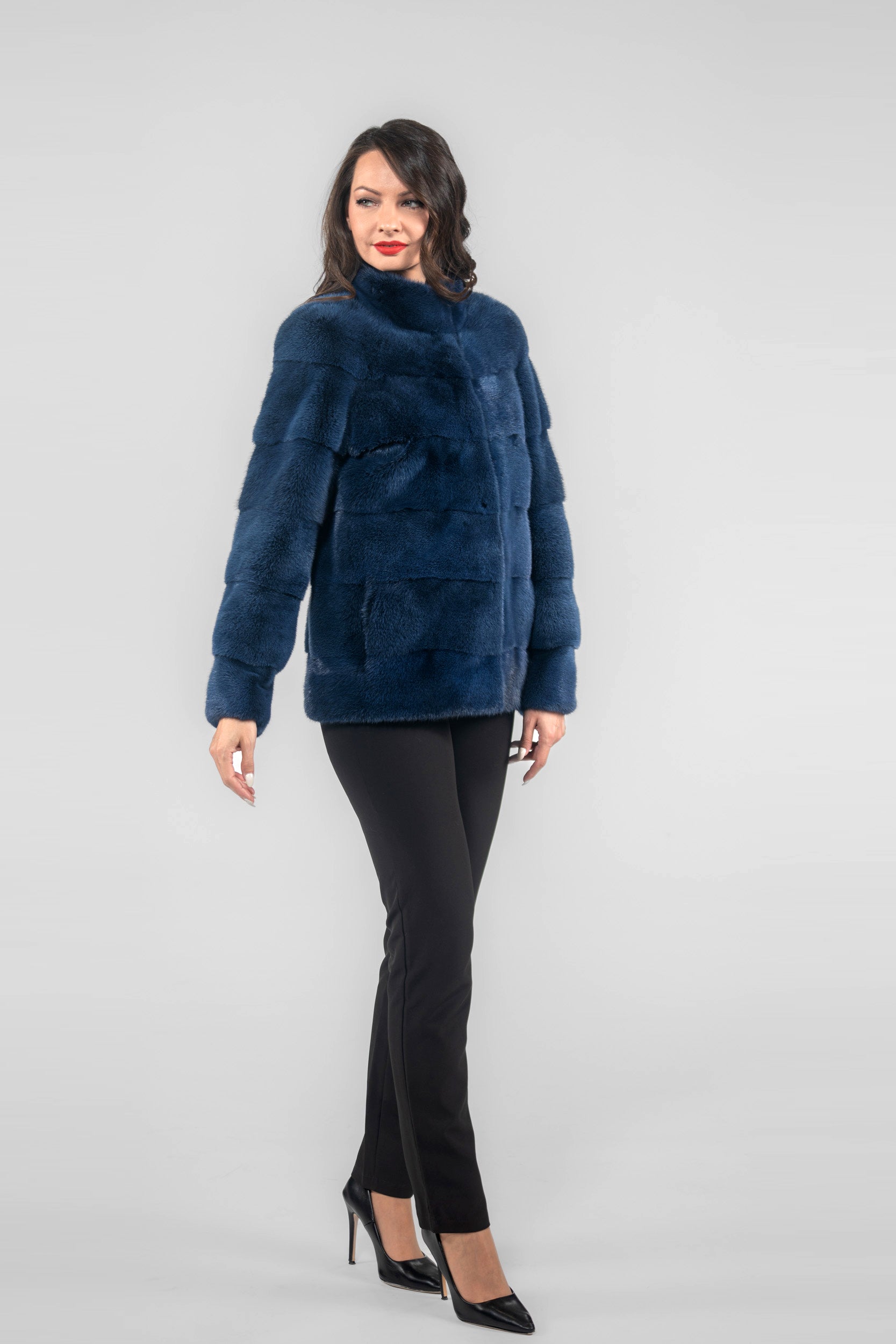 Blue Black Mink Jacket with Stand Collar