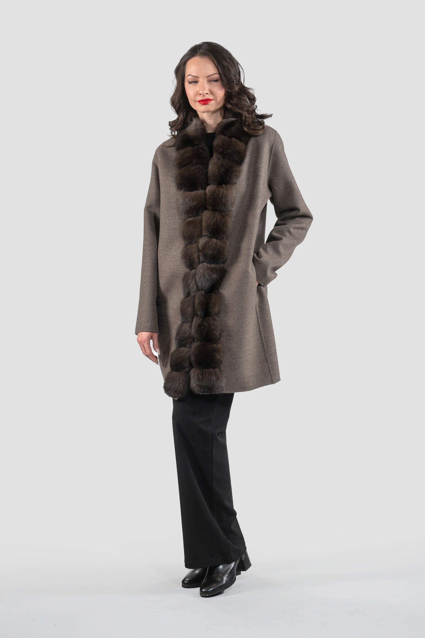 Grey Brown Cashmere Half Coat with Russian Sable Trim