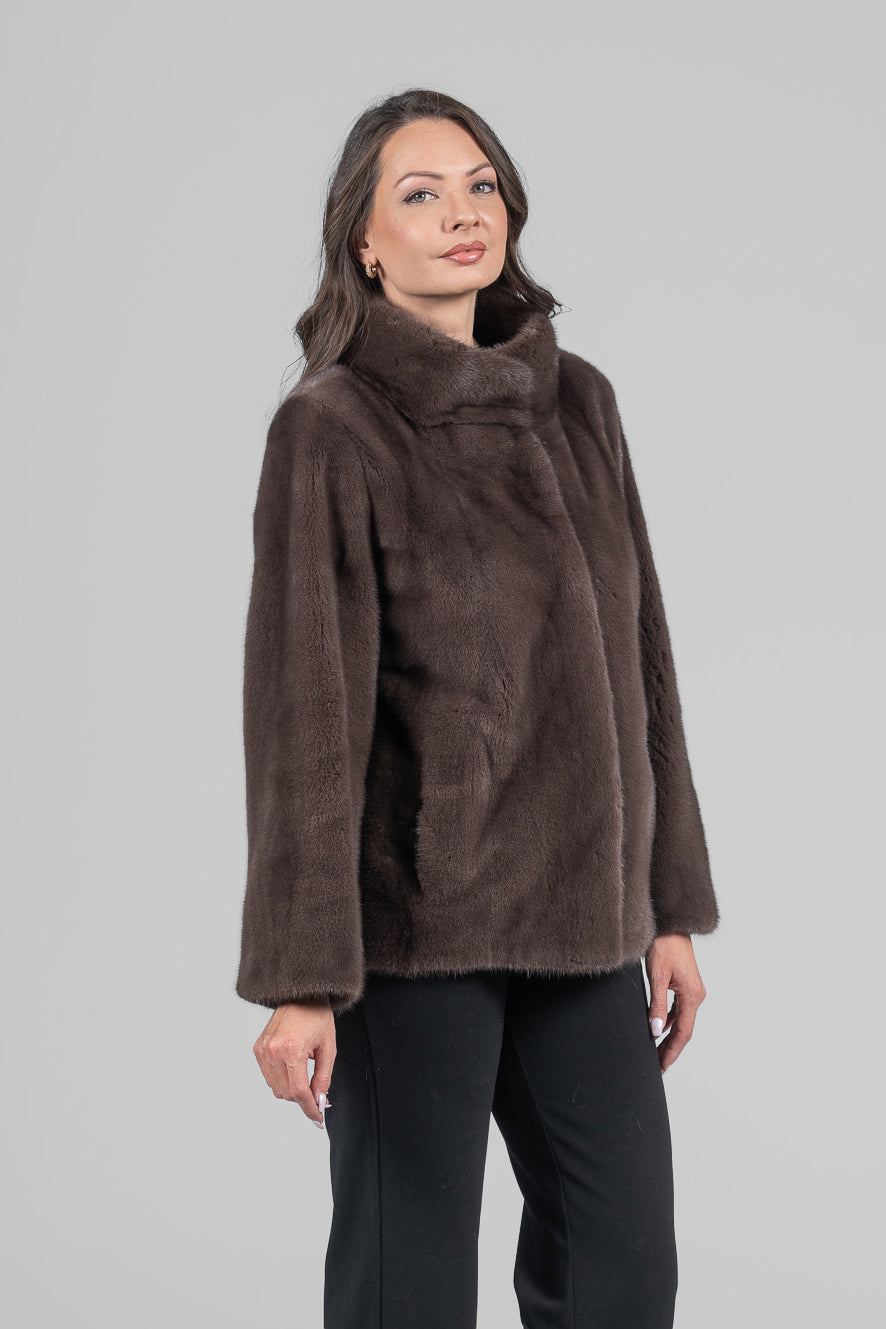 Wood Mink Jacket with Stand Collar