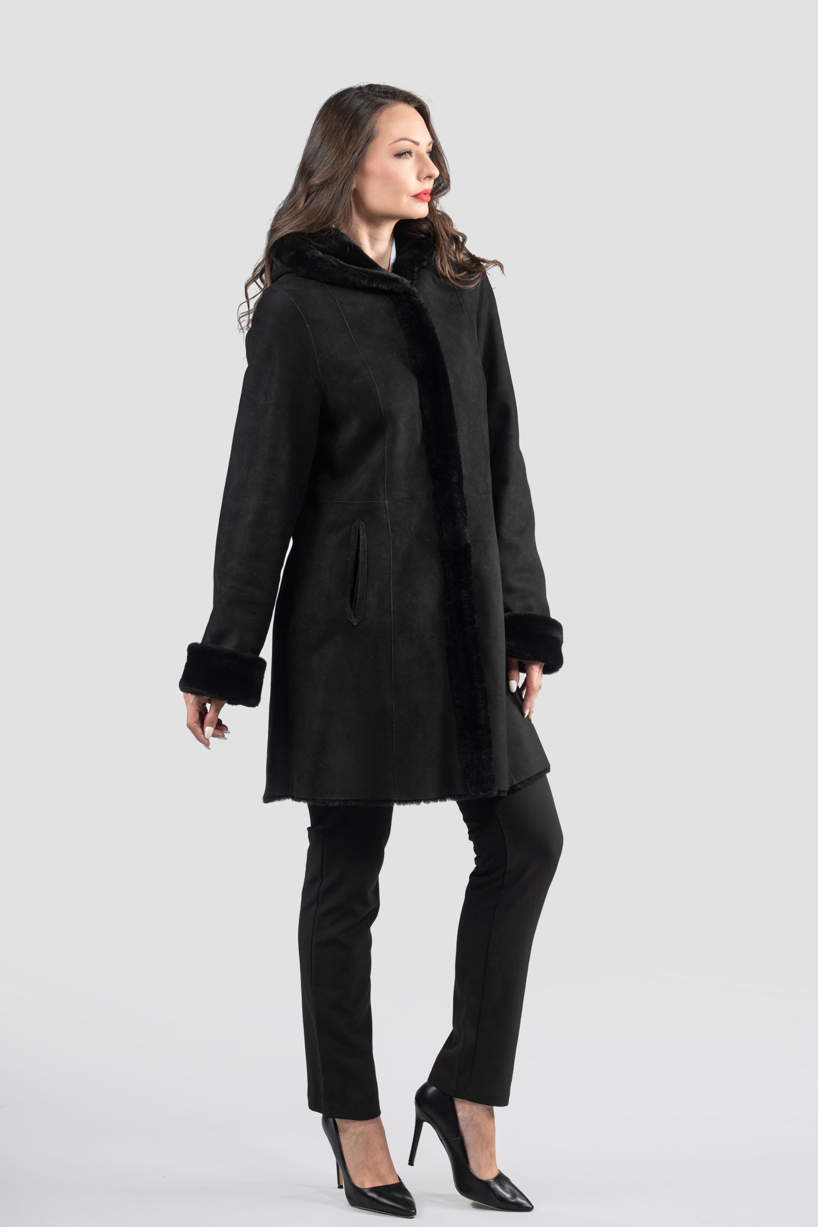 Hooded Black Half Coat In Spanish Merino