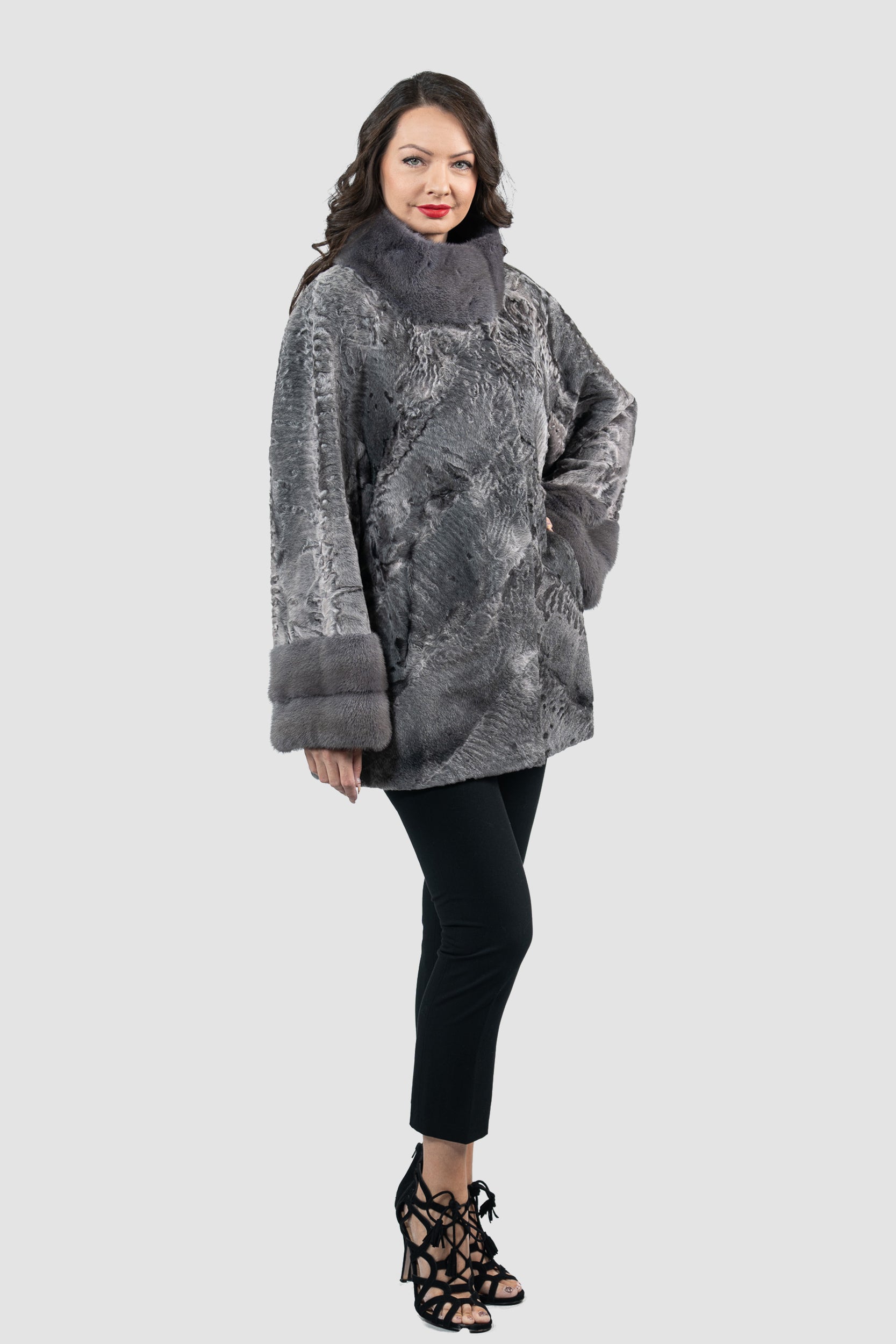 Grey Moon Swakara Half Coat with Mink Trim