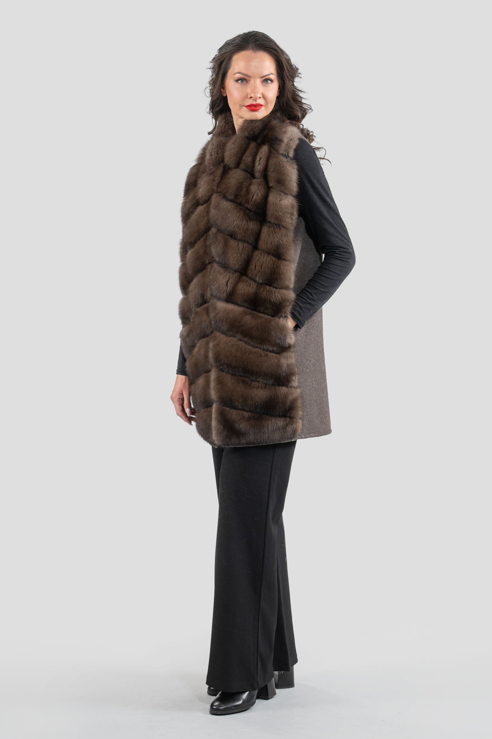 Brown Cashmere Vest with Russian Sable Trim