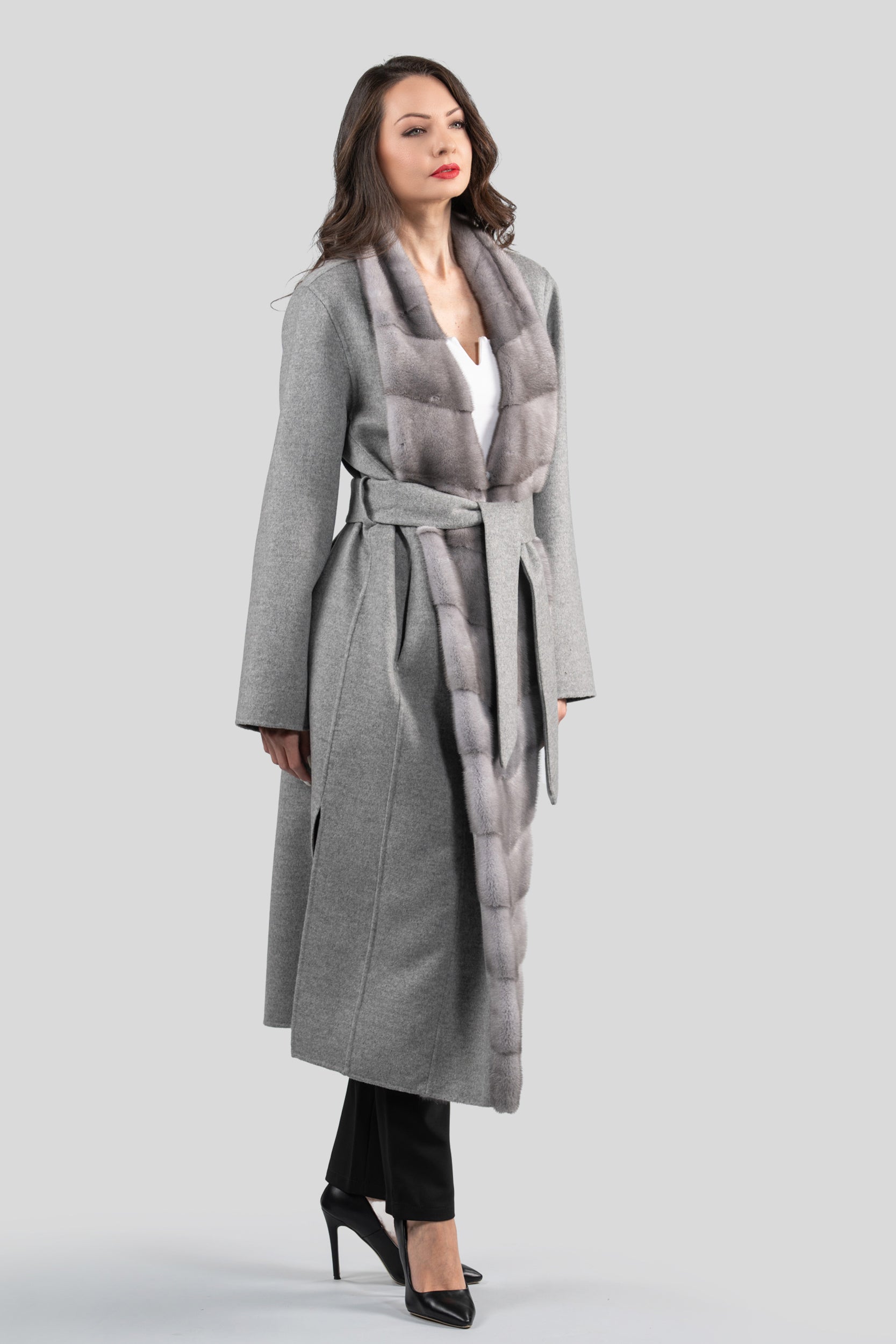 CASIANI | Gray Cashmere x Mink Fur Belted Robe Coat