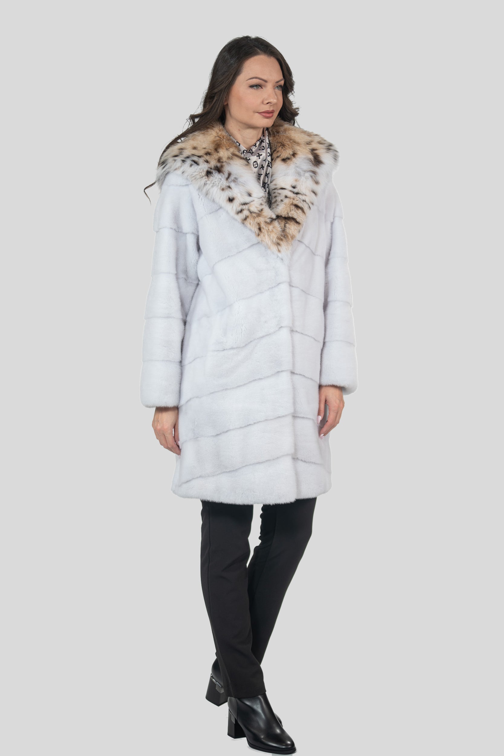 White Mink Half Coat with Bobcat Hood