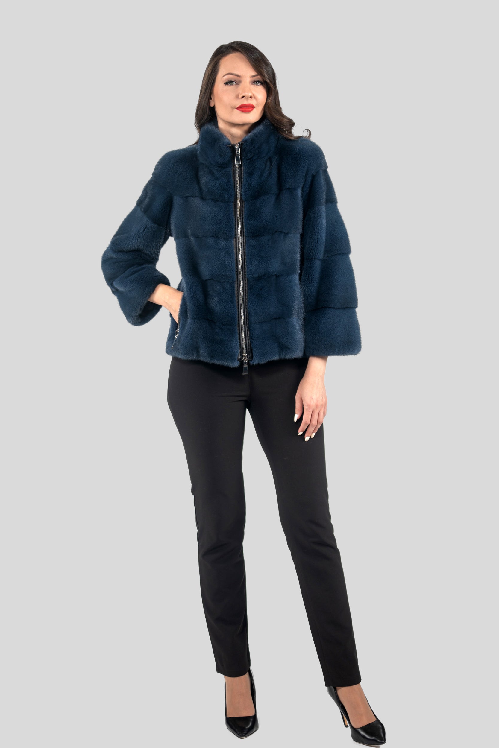 Blue Jean Mink Jacket with Stand Collar and Zipper