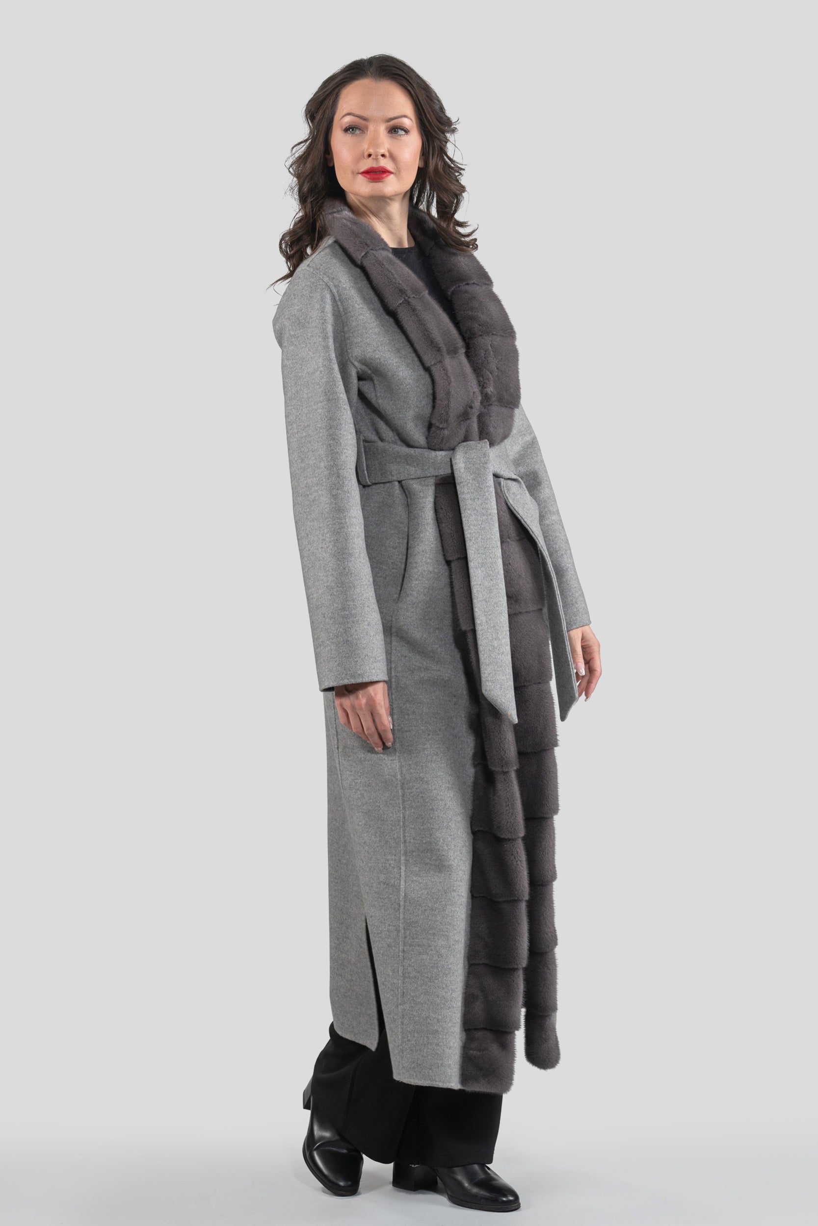 Grey Brown Cashmere Coat with Mink Trim