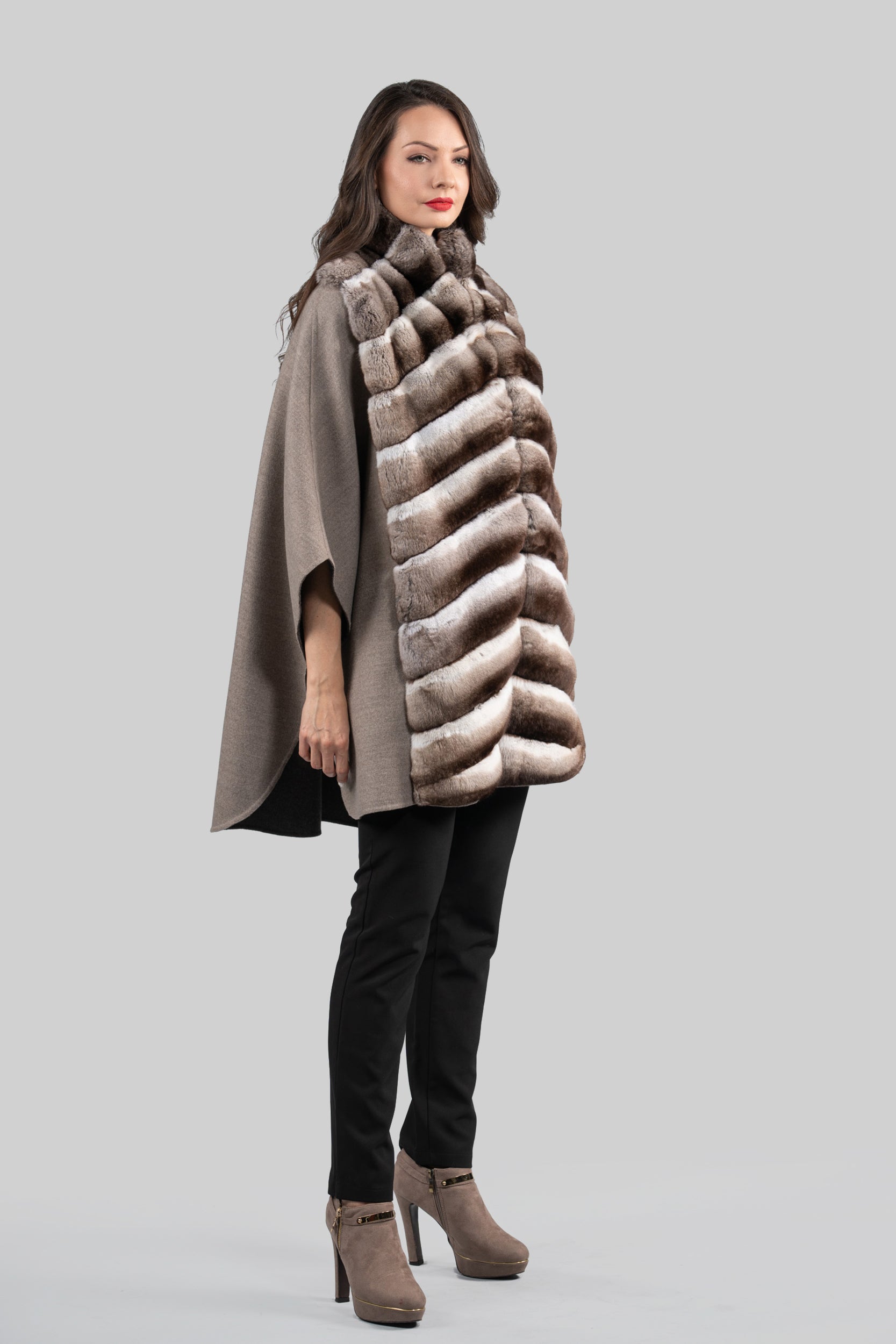 Grey Brown Cashmere Cape with Chinchilla Trim