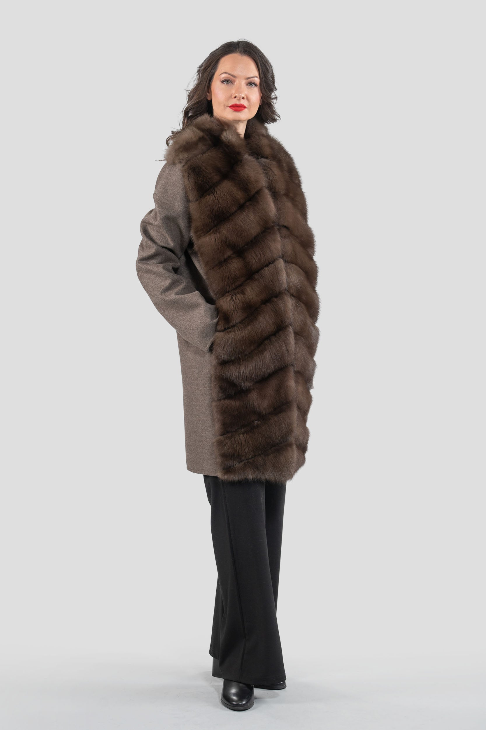 Brown Grey Cashmere Half Coat with Baumarten Trim