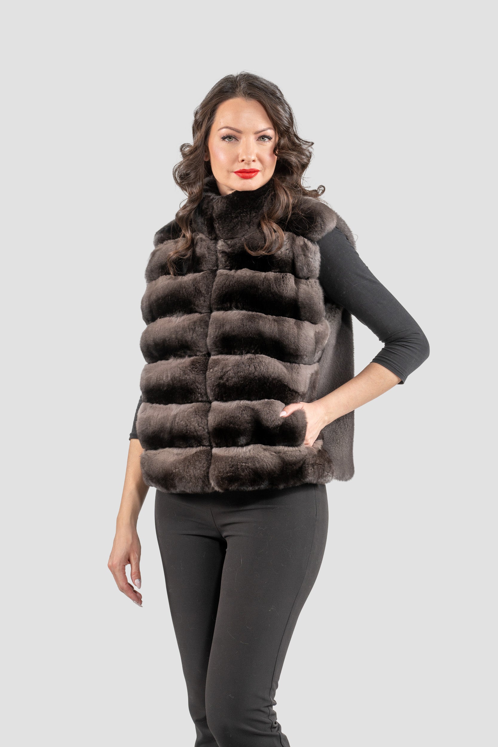 Smokey Chinchilla Fur Vest with Stand Collar and Mink Trim
