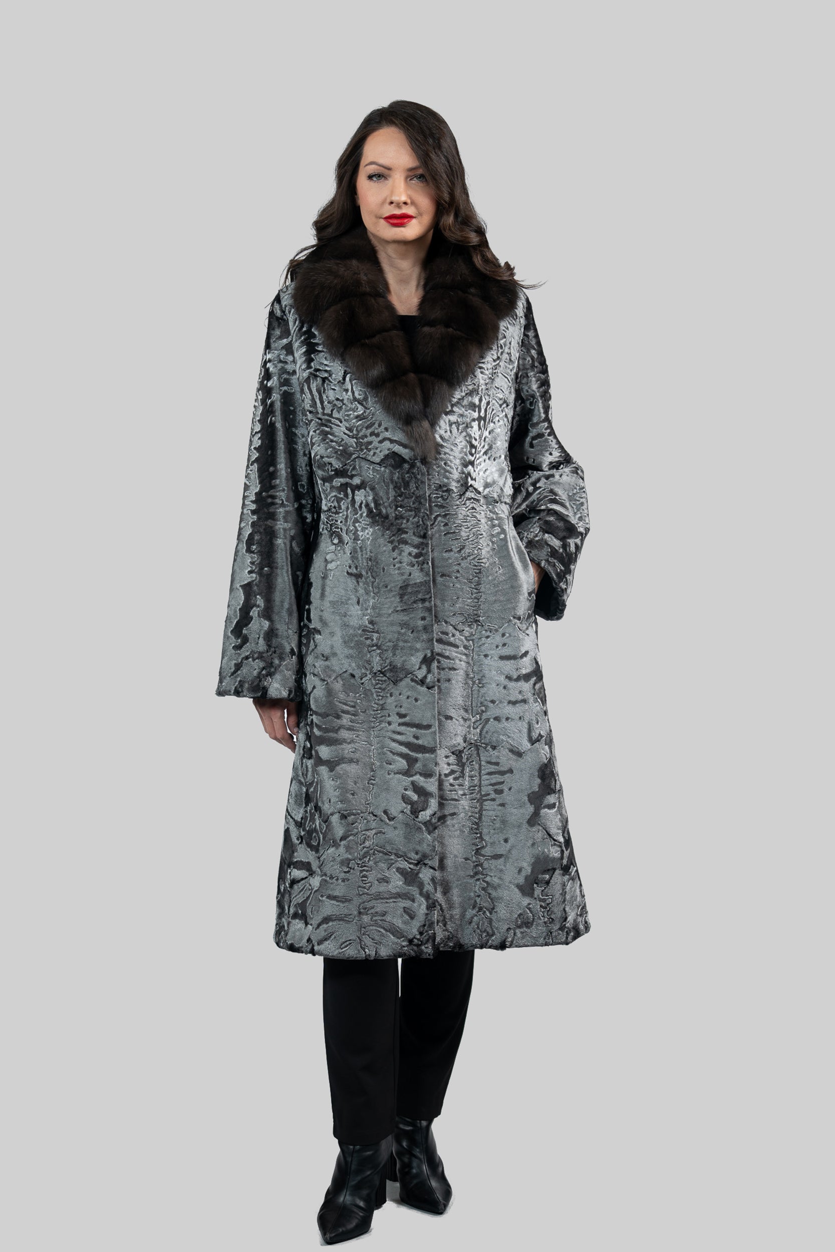 Shadow Grey Swakara Coat with Russian Sable Notch Collar