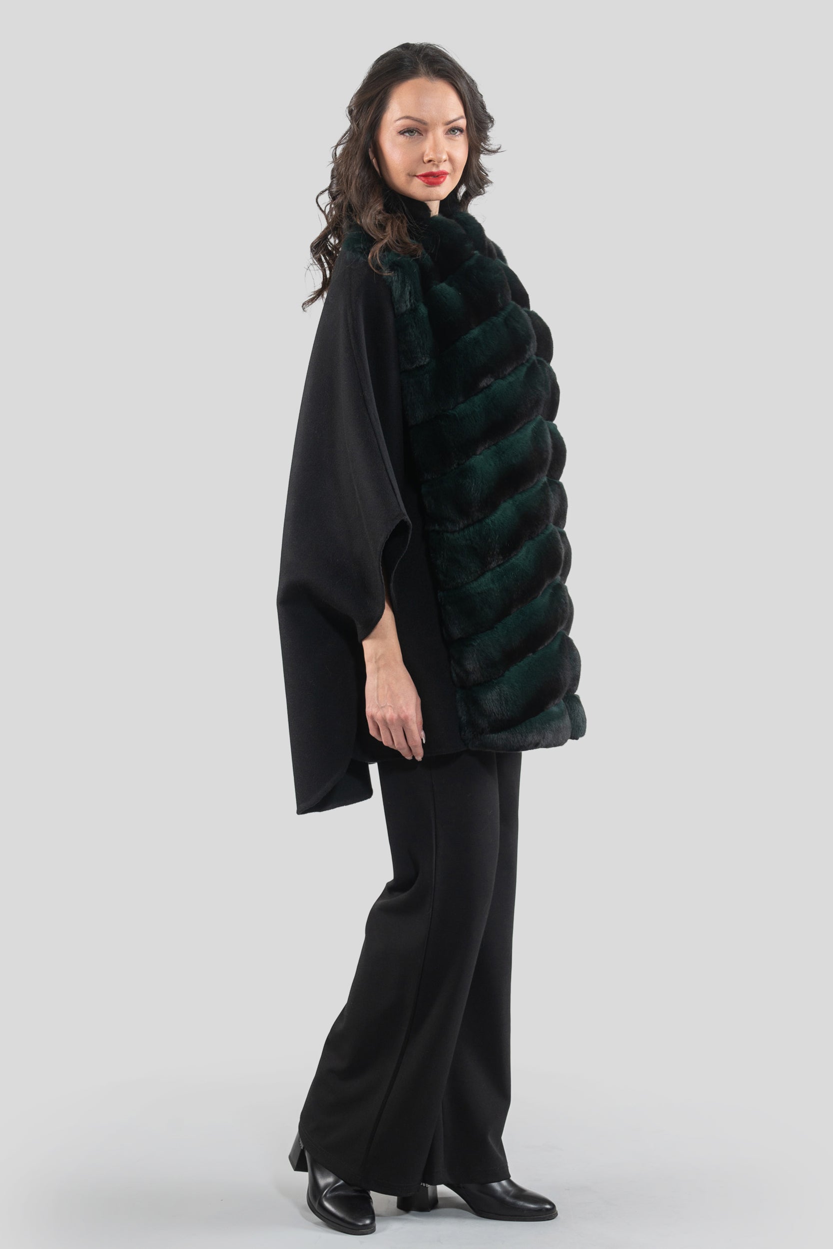 Black Cashmere Cape with Green Chinchilla Trim