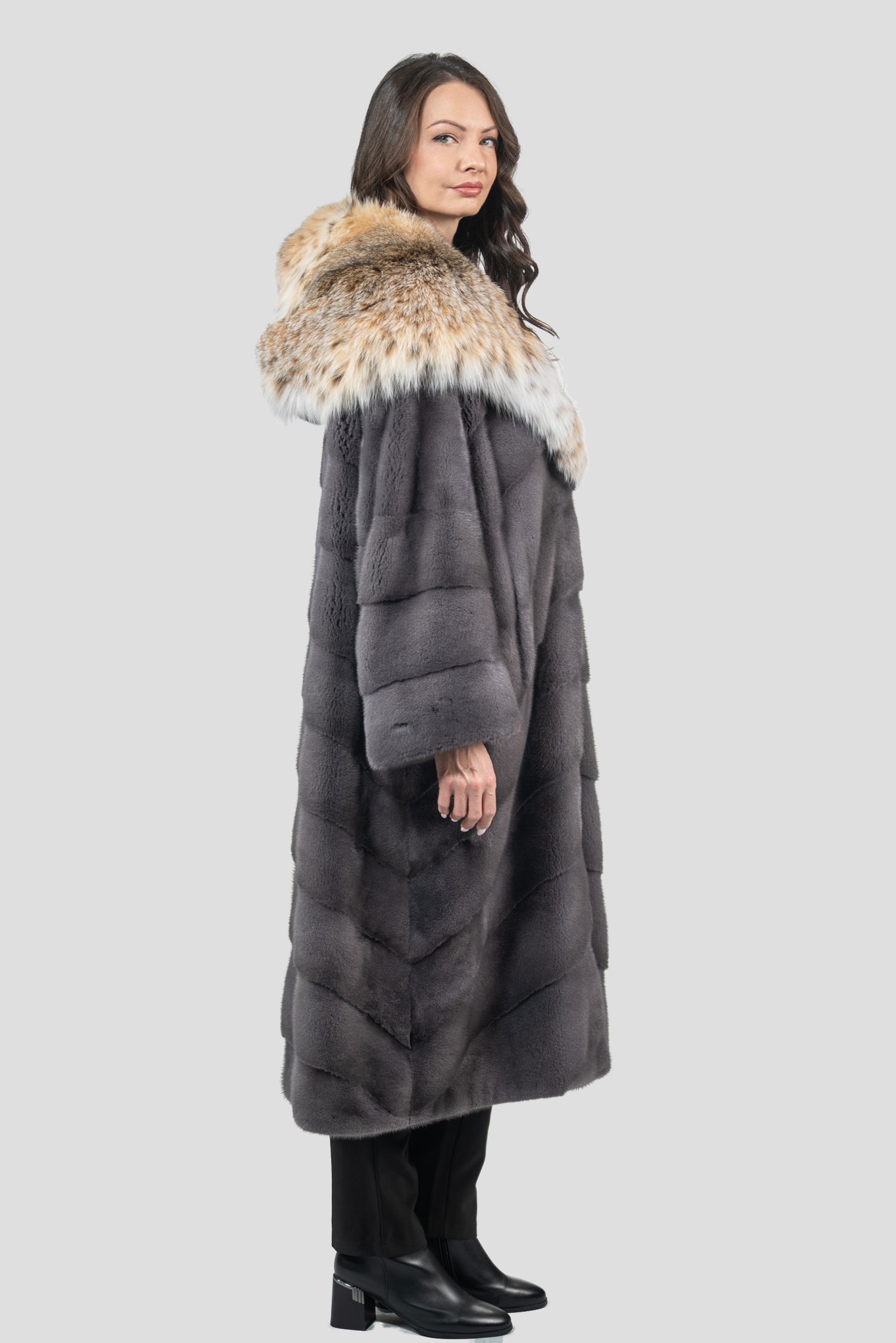 Grey Moon Mink Coat with Bobcat Hood