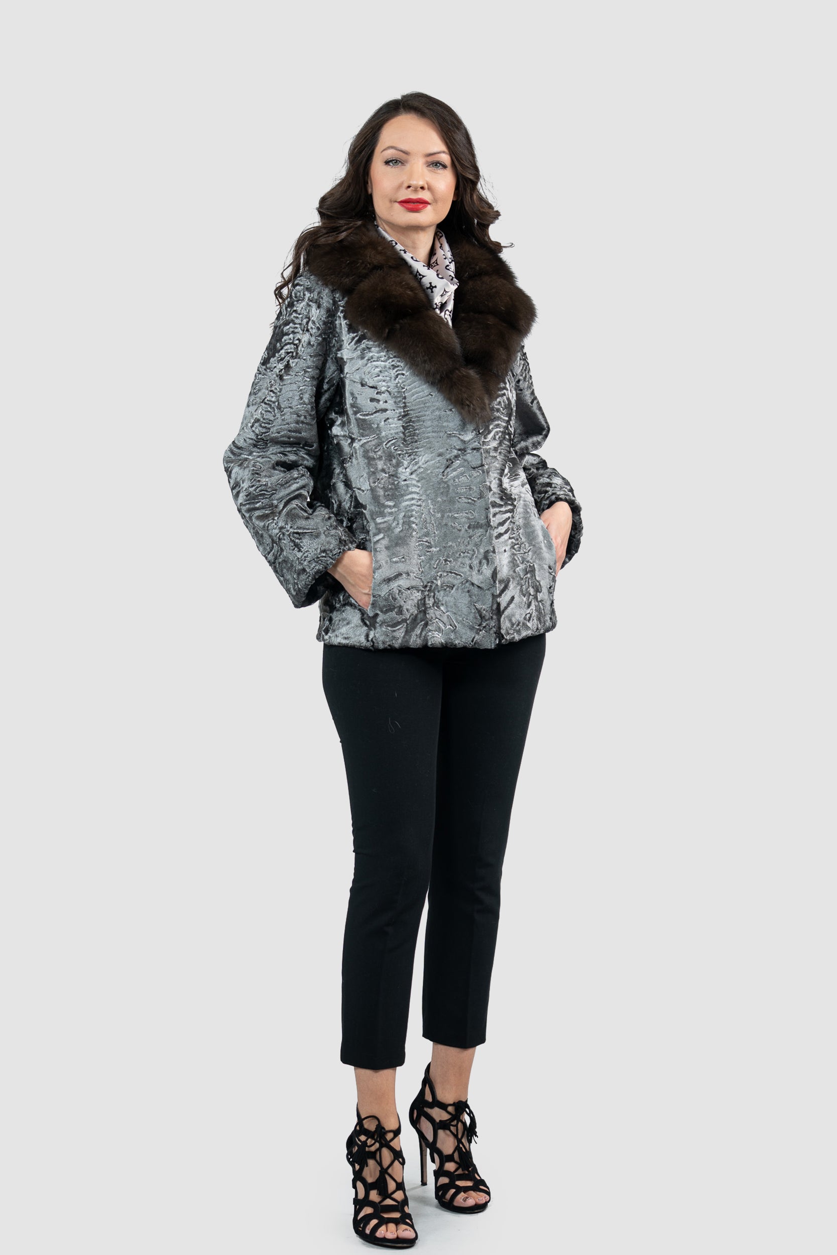 Silver Swakara Jacket with Russian Sable Notch Collar