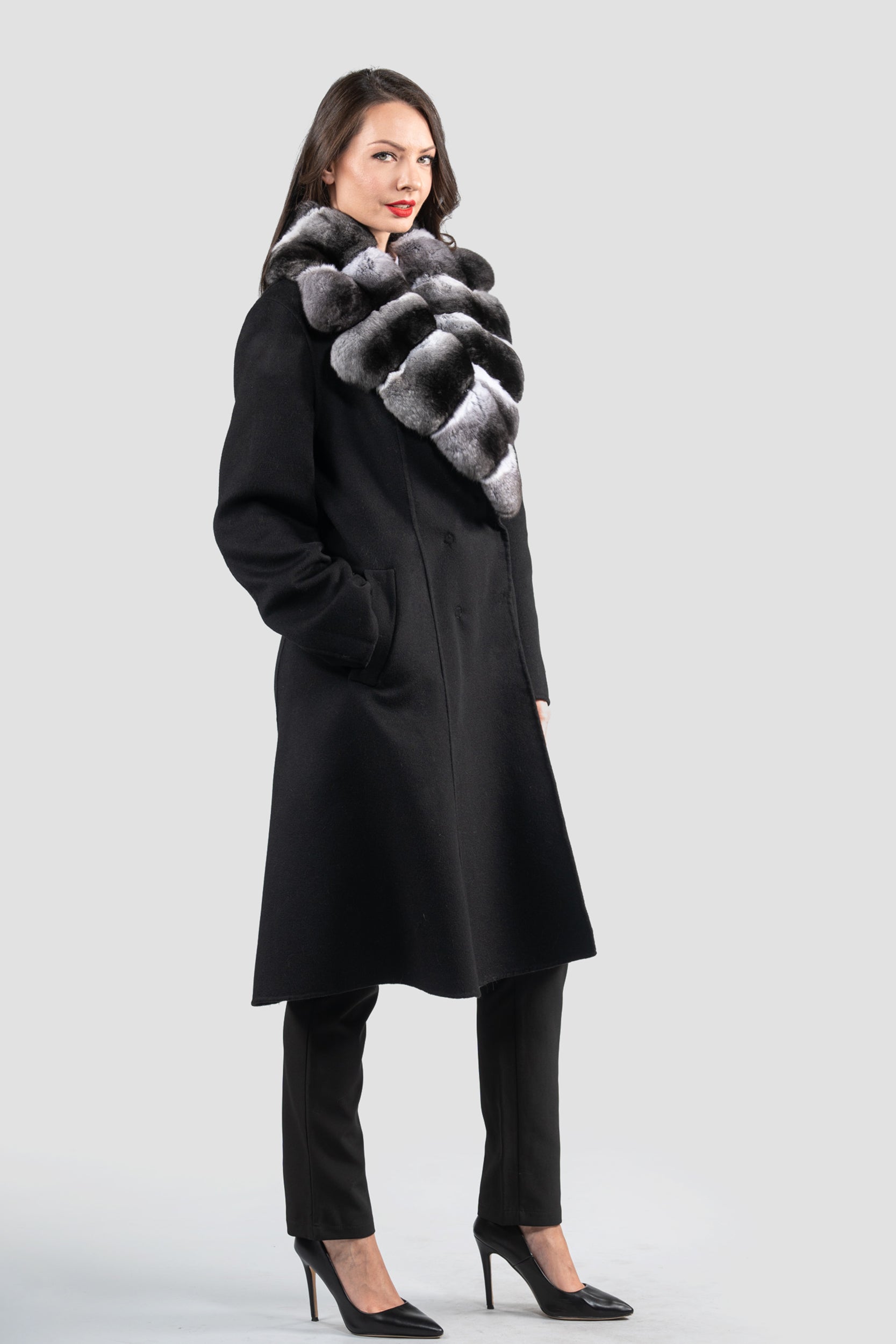 Black Cashmere Coat with Chinchilla Notch Collar
