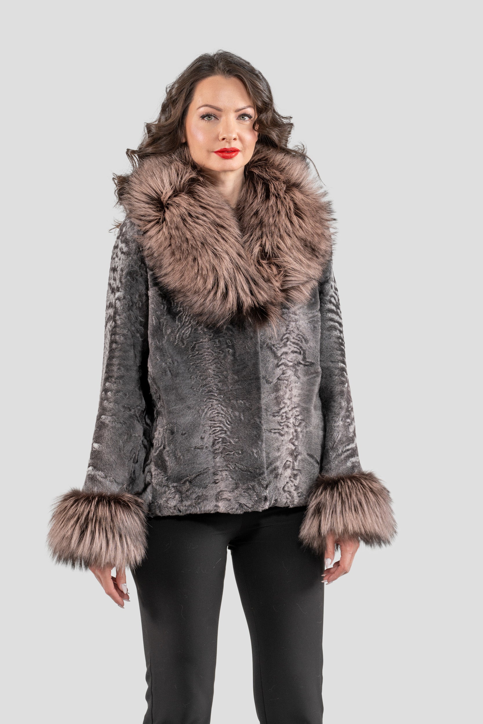 Grey Moon Swakara Jacket with Fox Fur Trim Notch Collar and Cuffs