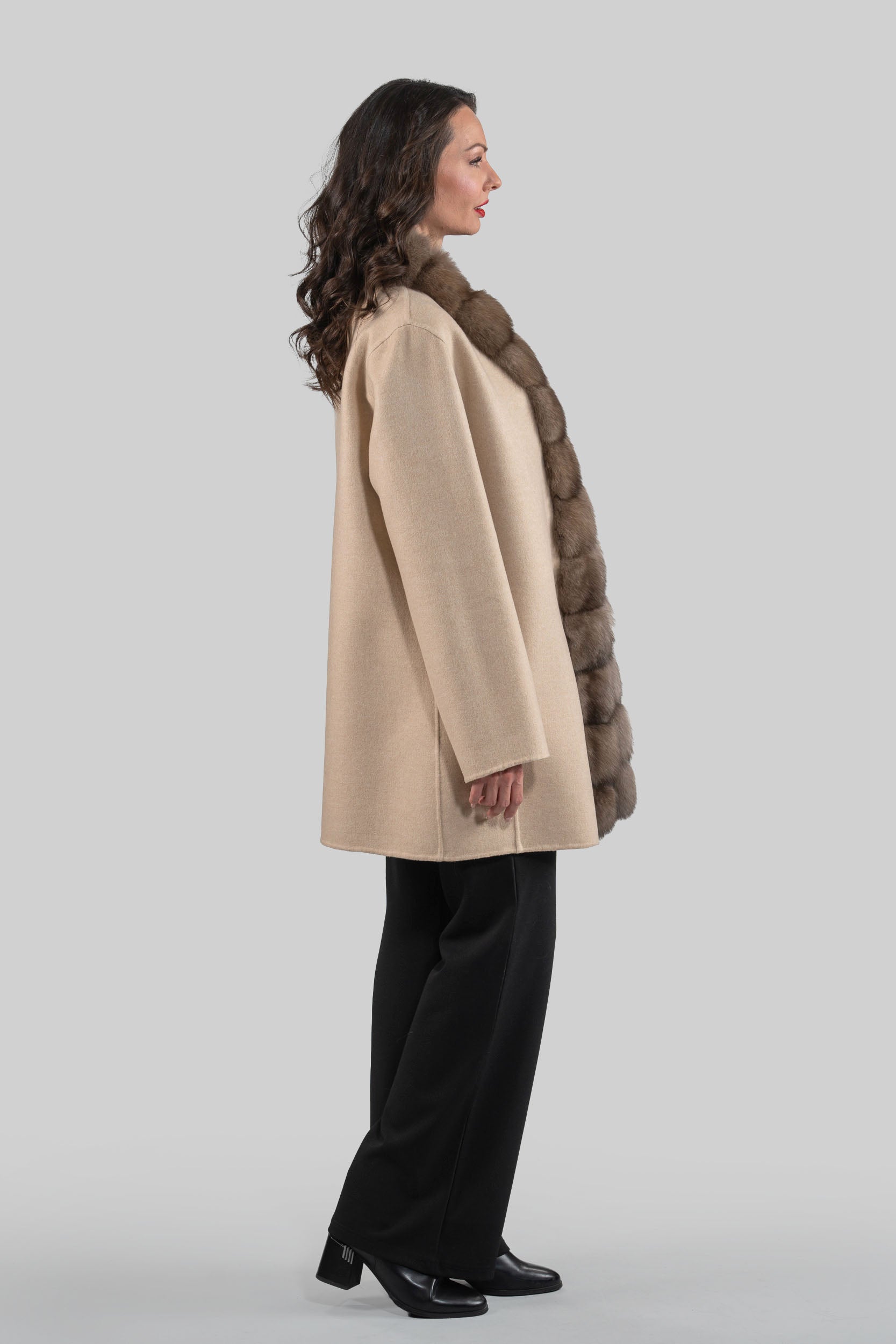 Ecru Cashmere Half Coat with Russian Sable Trim