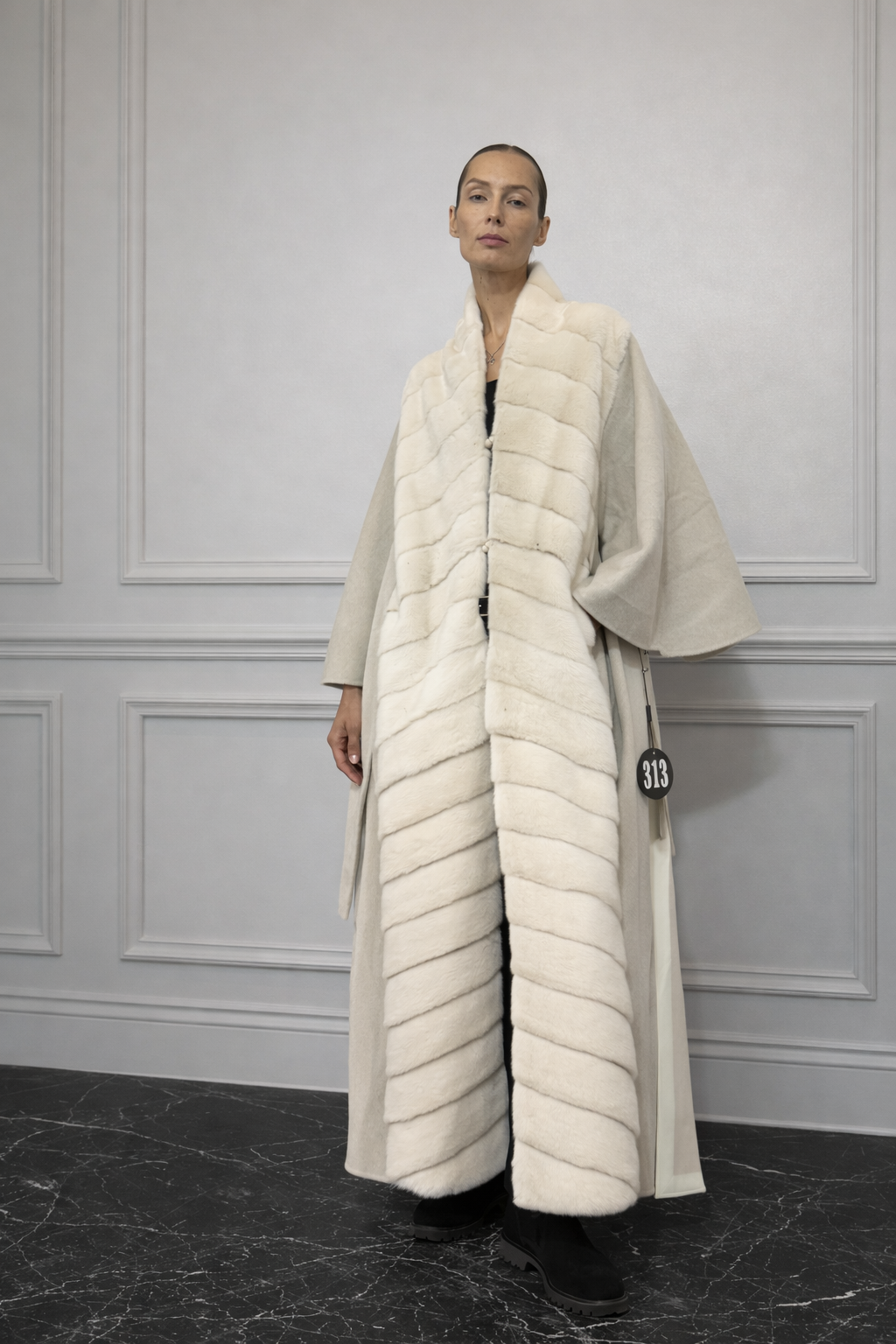 Ecru-White Cashmere Long Coat With Full White Mink Trim Front