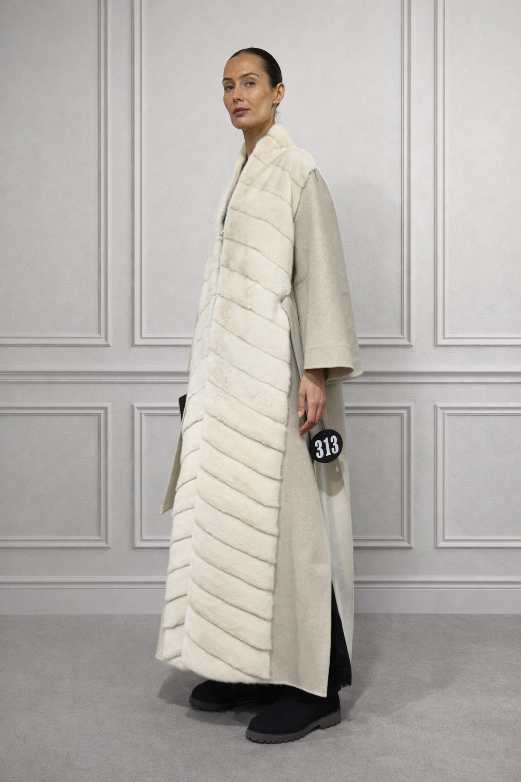 Ecru-White Cashmere Long Coat With Full White Mink Trim Front