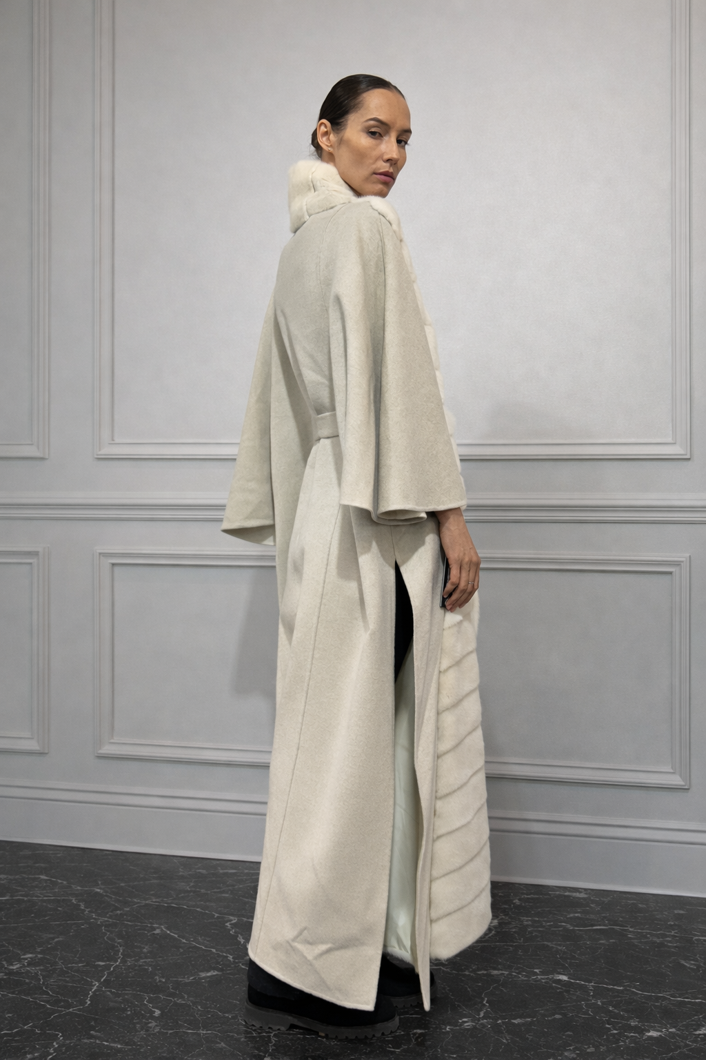 Ecru-White Cashmere Long Coat With Full White Mink Trim Front