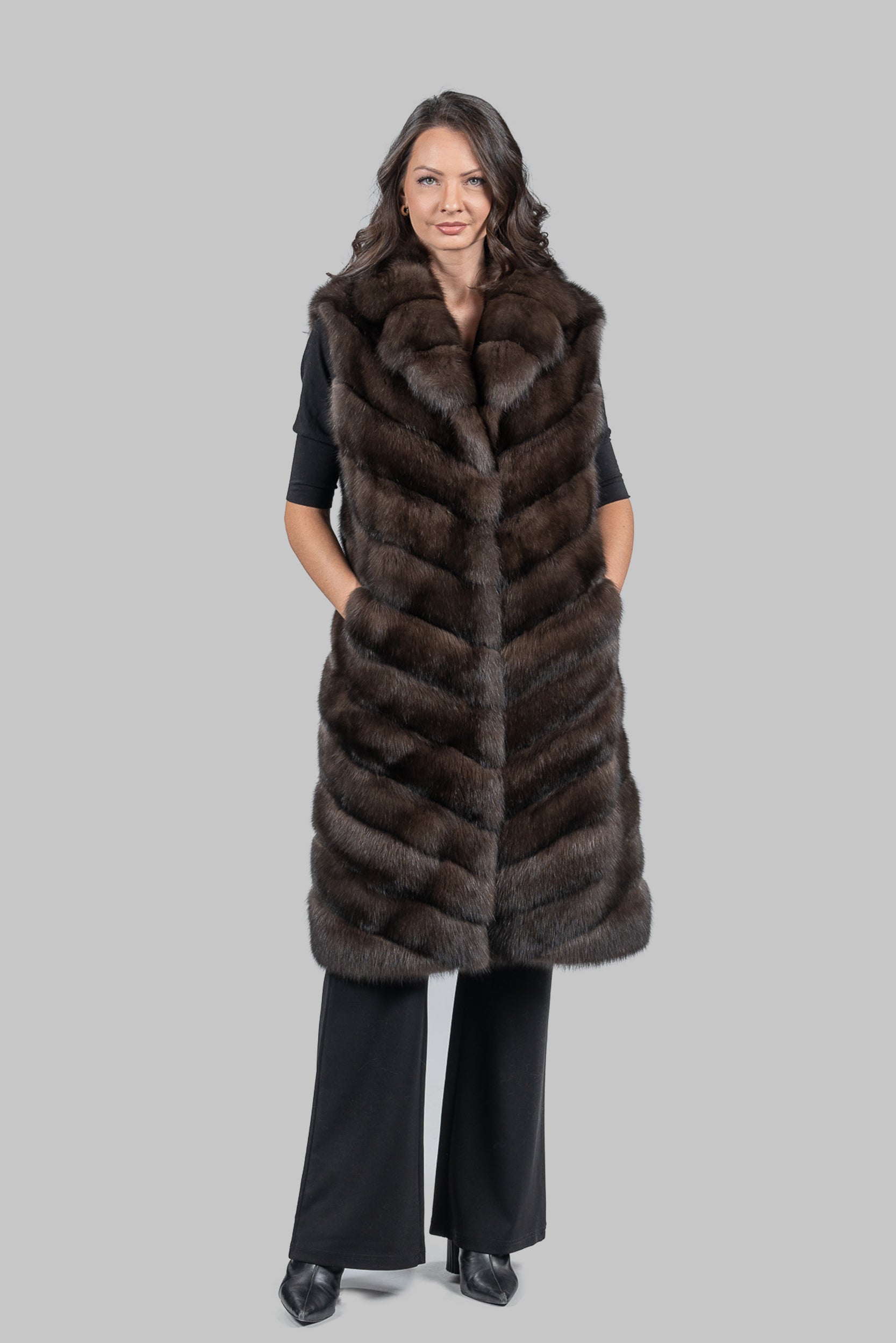 Dark Sable Long Vest with Notch Collar