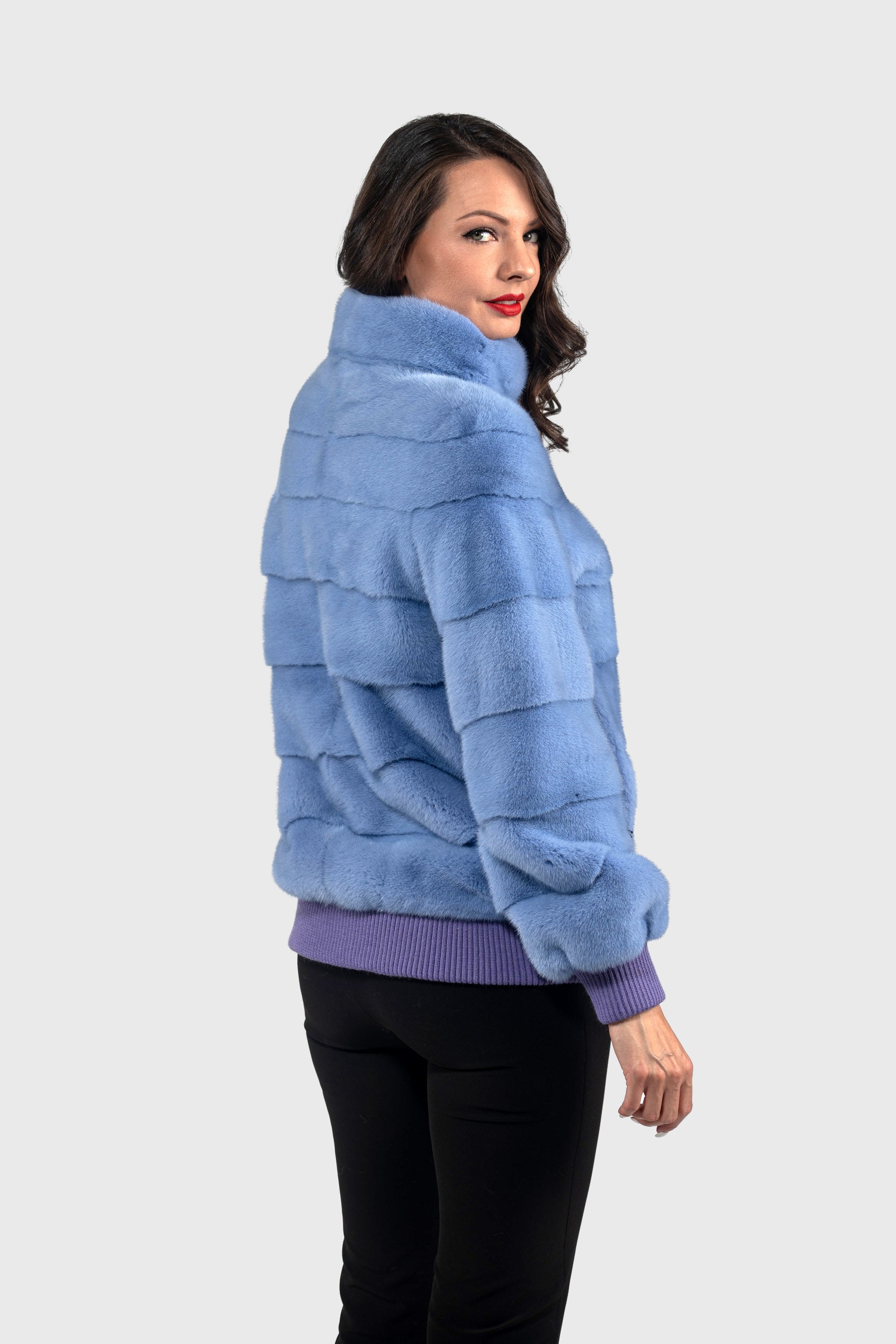 Aqua Marine Mink Bomber Jacket with Stand Collar