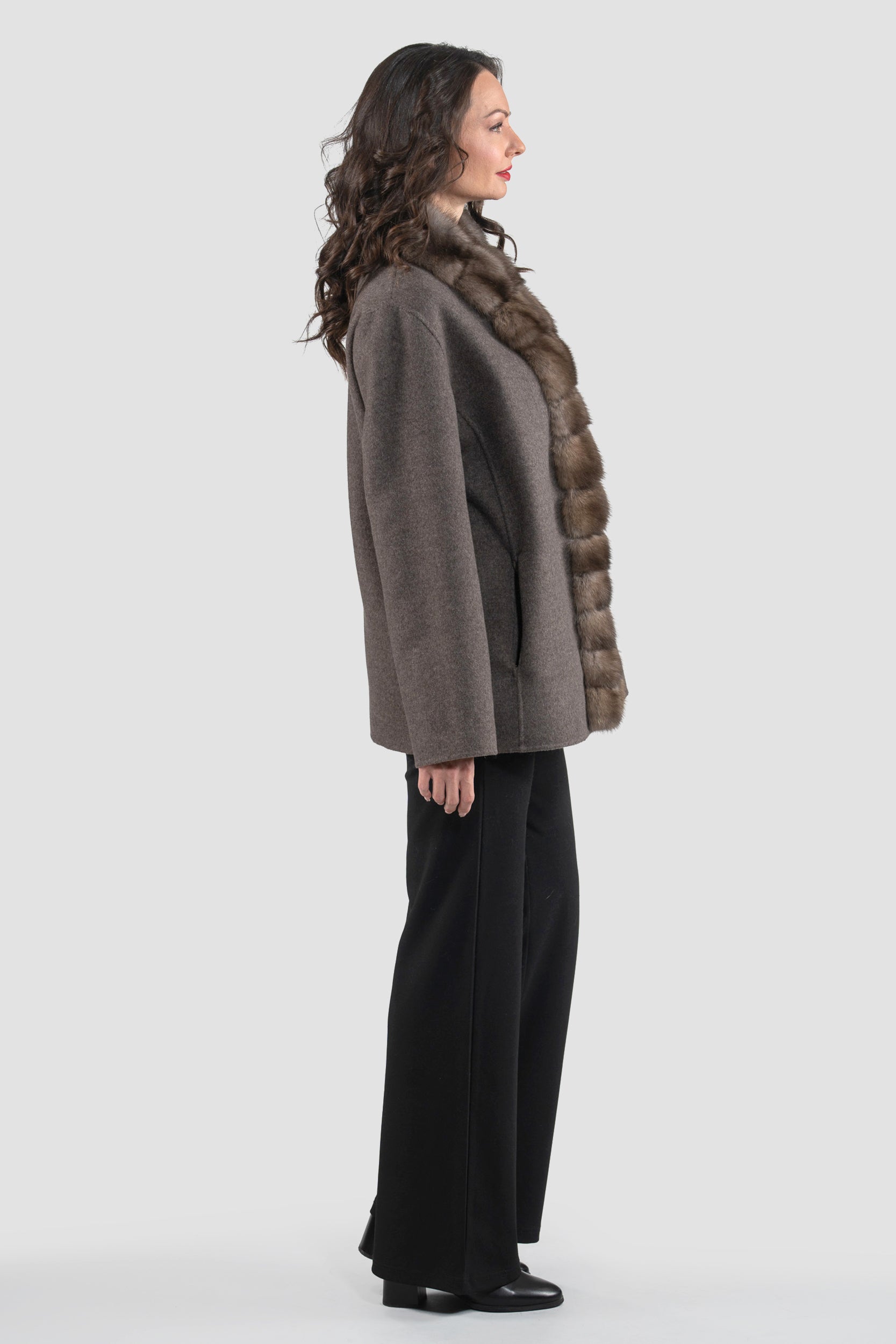 Grey Cashmere Wool Jacket with Russian Sable Trim