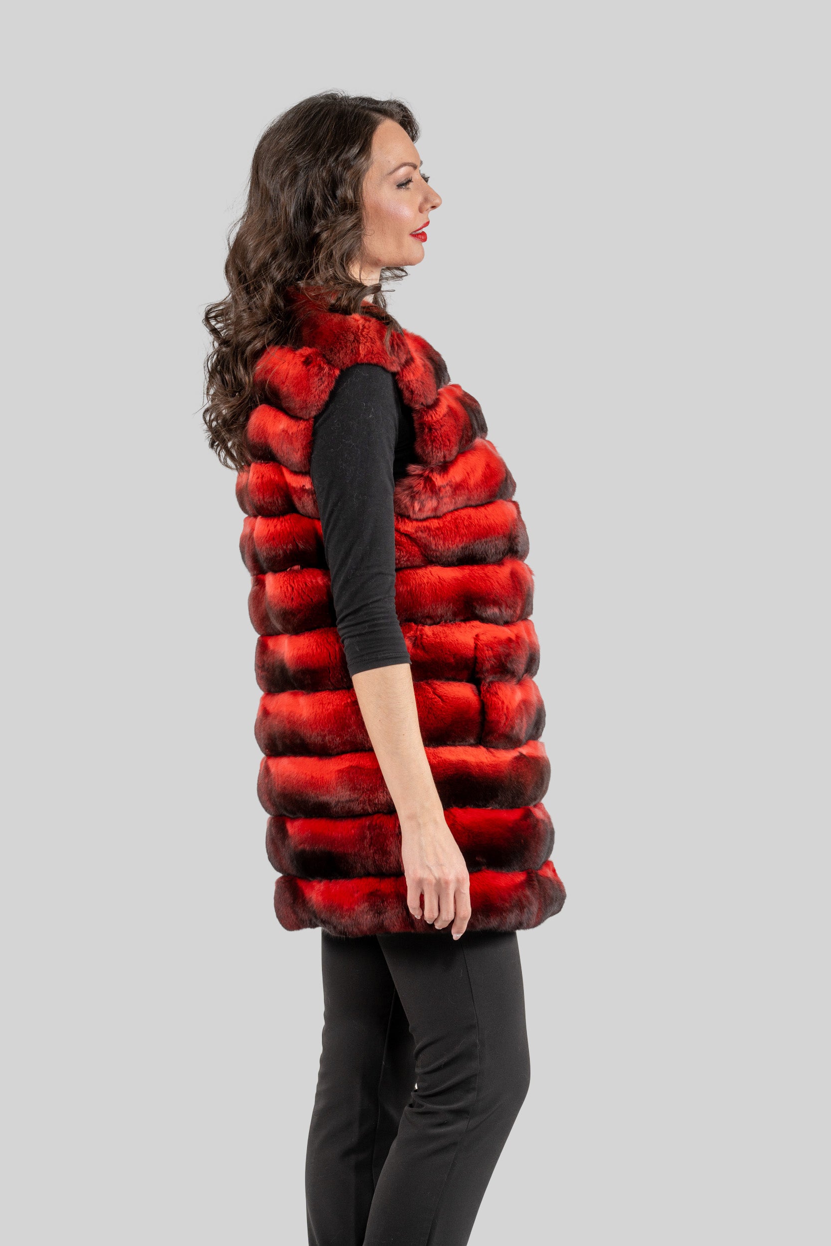 Collarless Crimson Red Chinchilla Vest