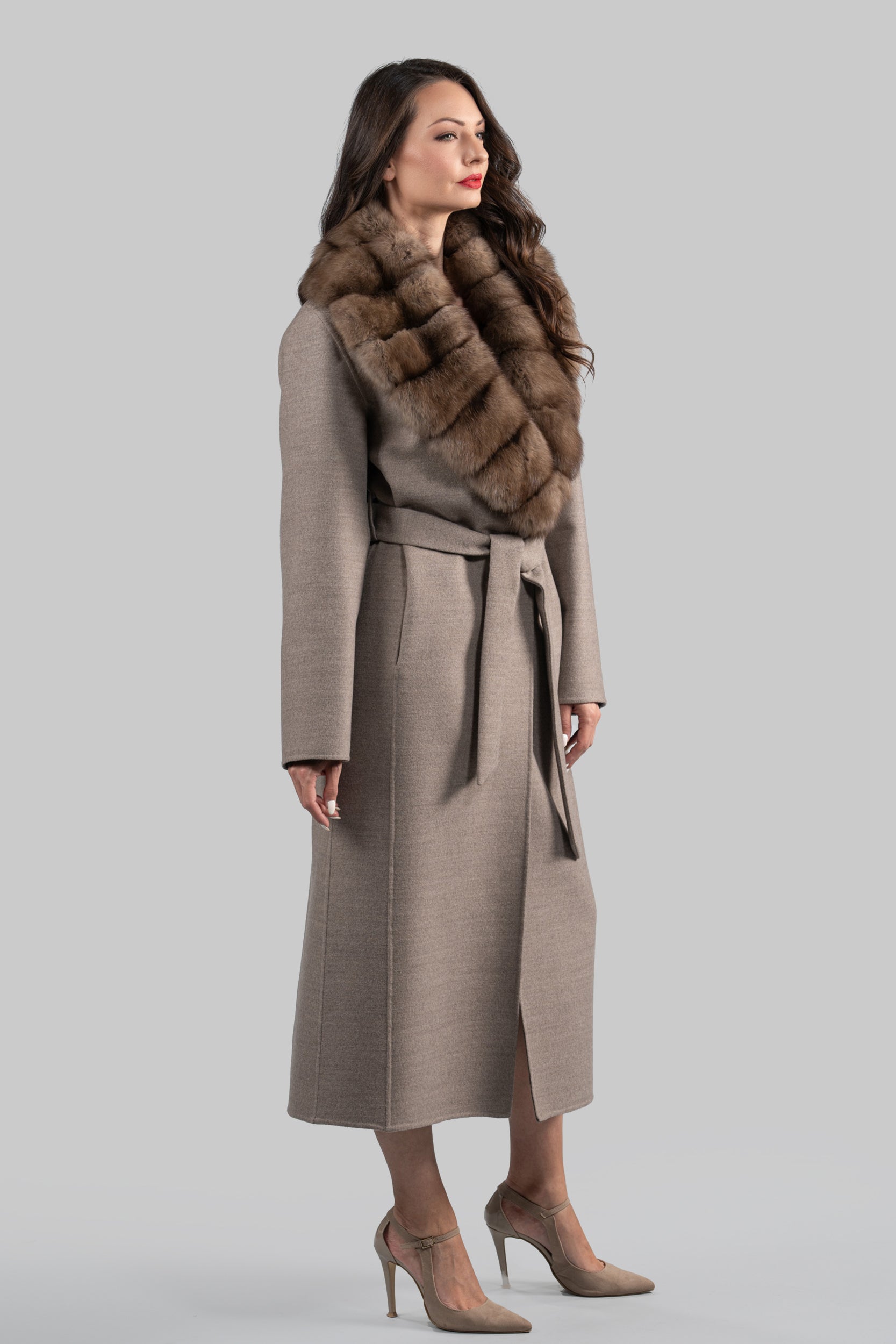 Brown Gray Cashmere Coat with Russian Sable Shawl Collar