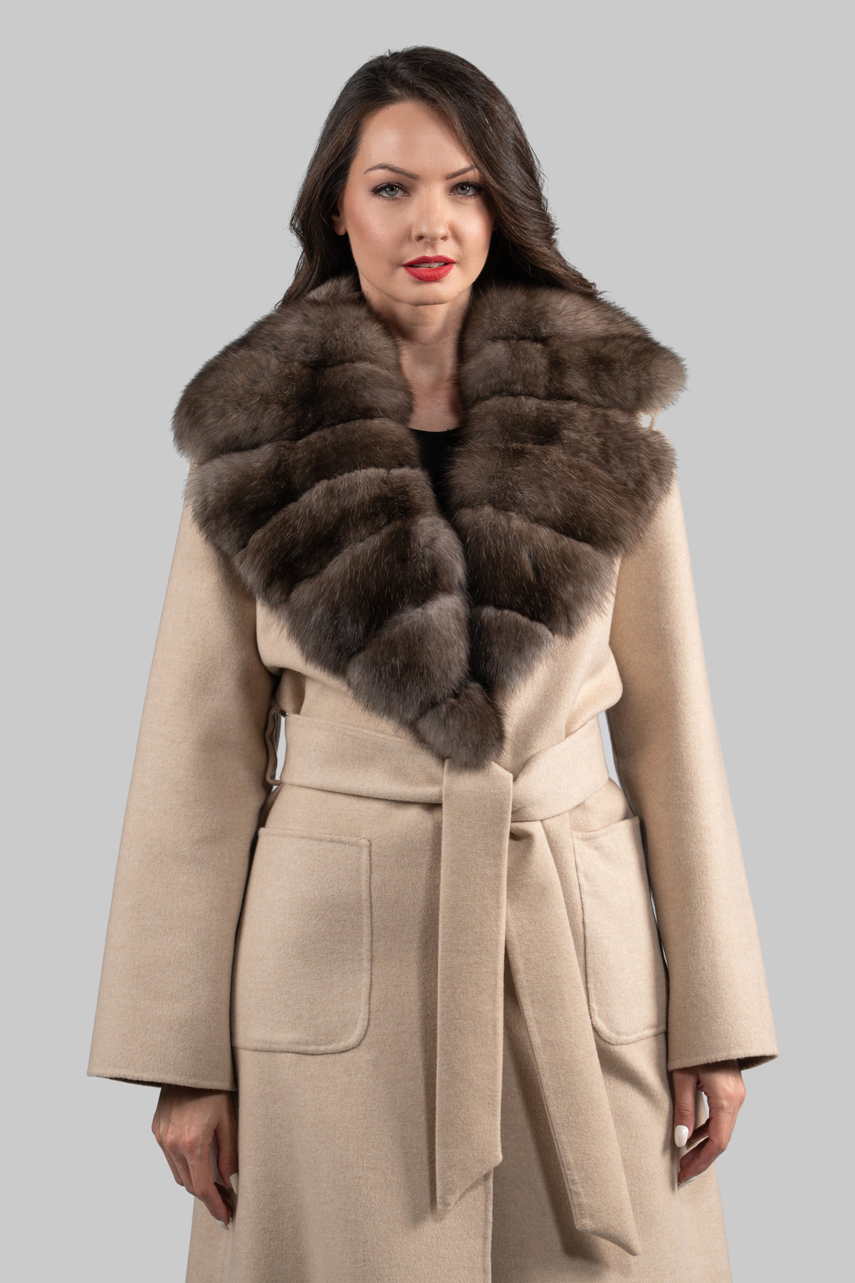Ecru Cashmere Coat with Russian Sable Notch Collar