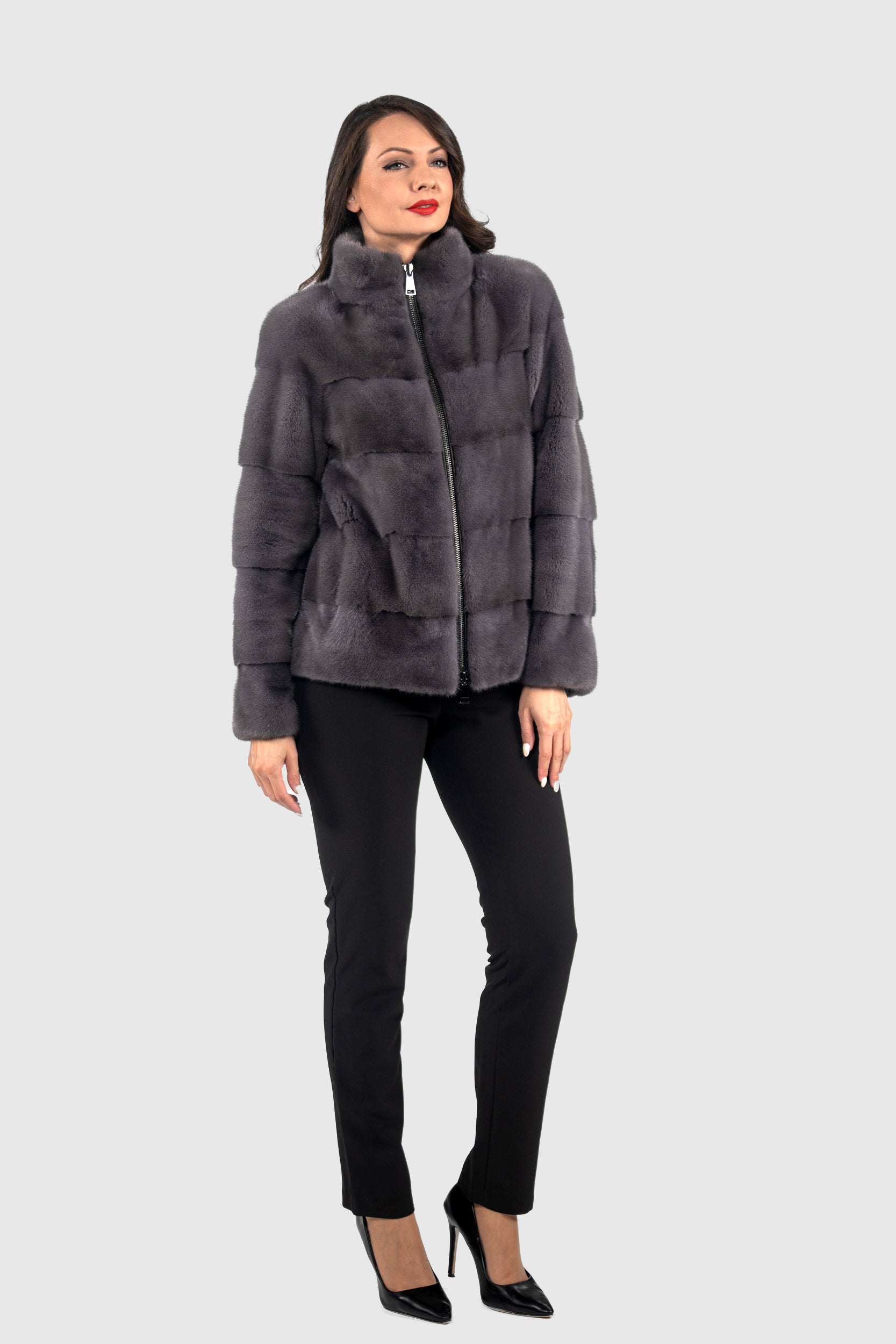 Grey Moon Mink Jacket with Stand Collar and Zipper
