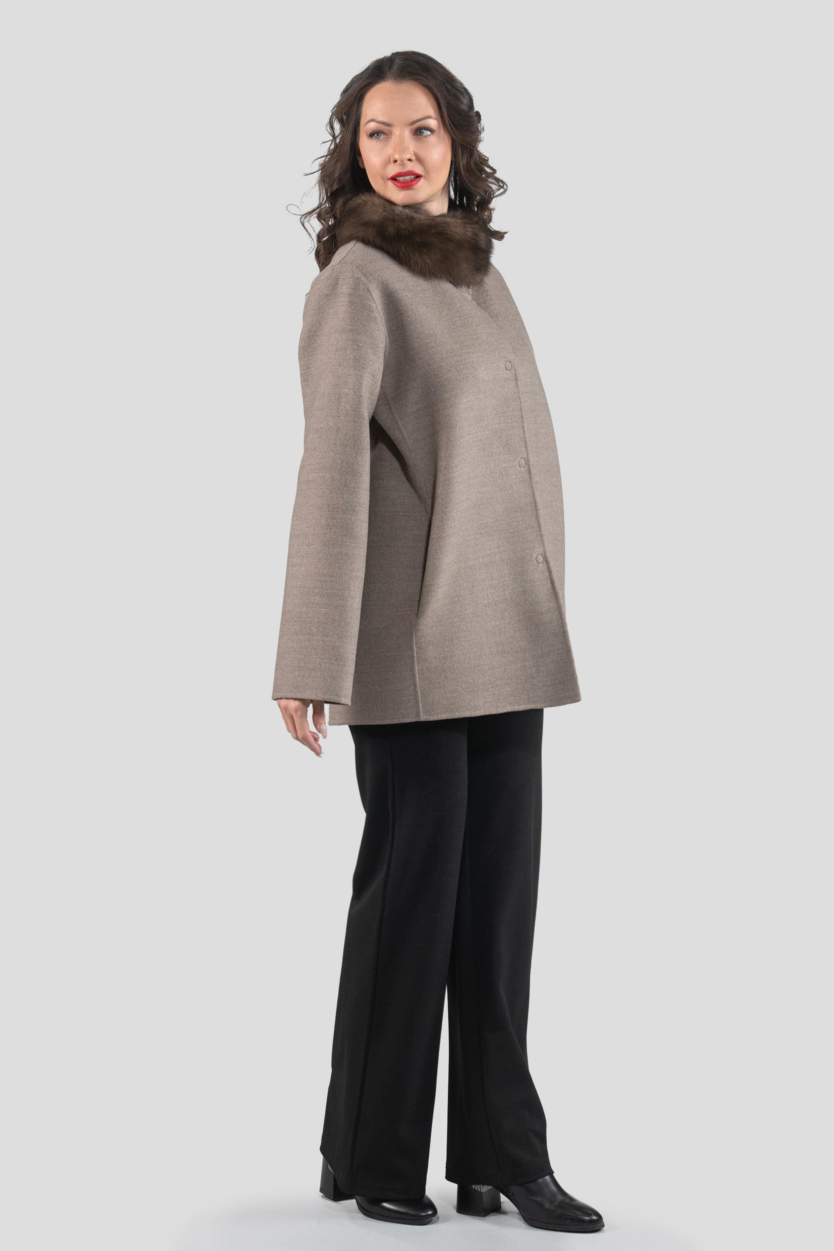 Grey Brown Cashmere Jacket with Russian Sable Stand Collar