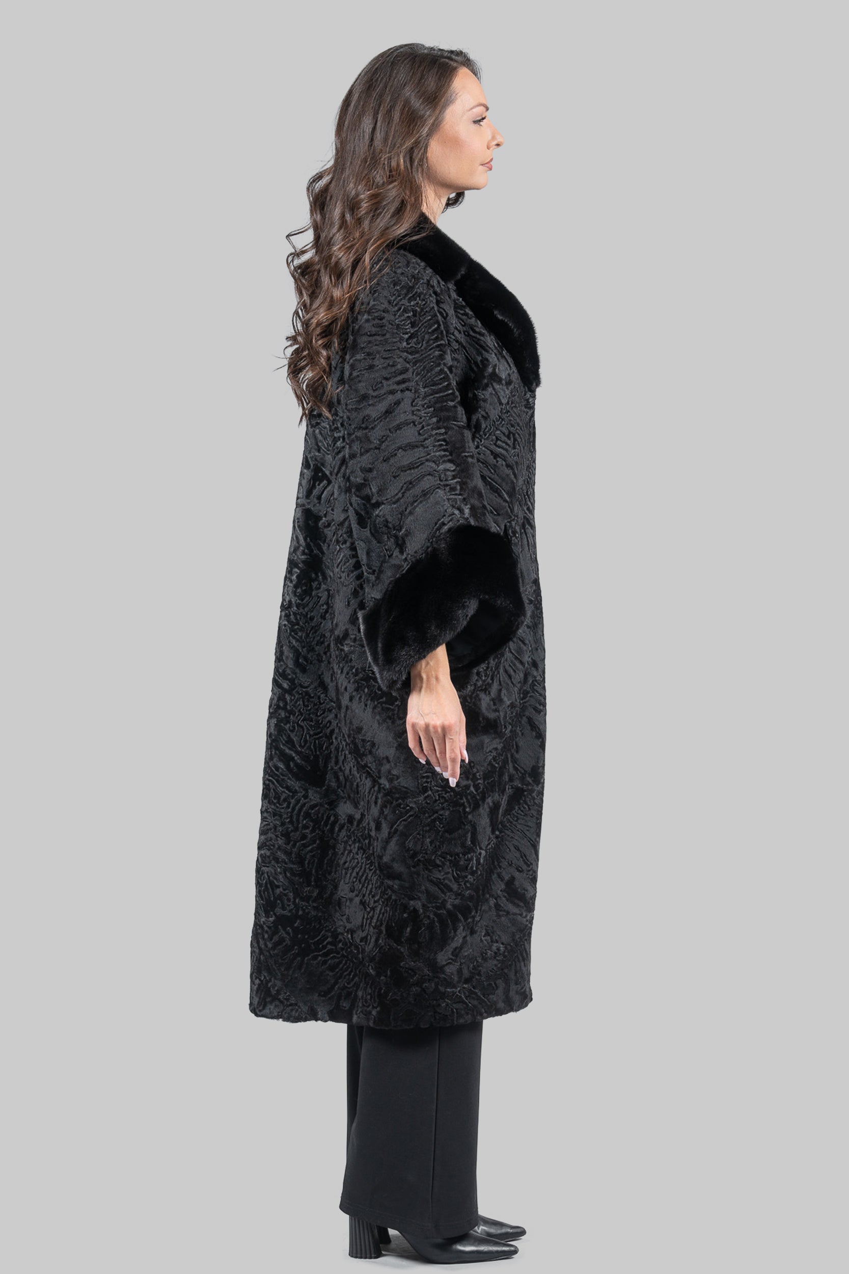 Black Swakara Coat with Mink-Trimmed Notch Collar