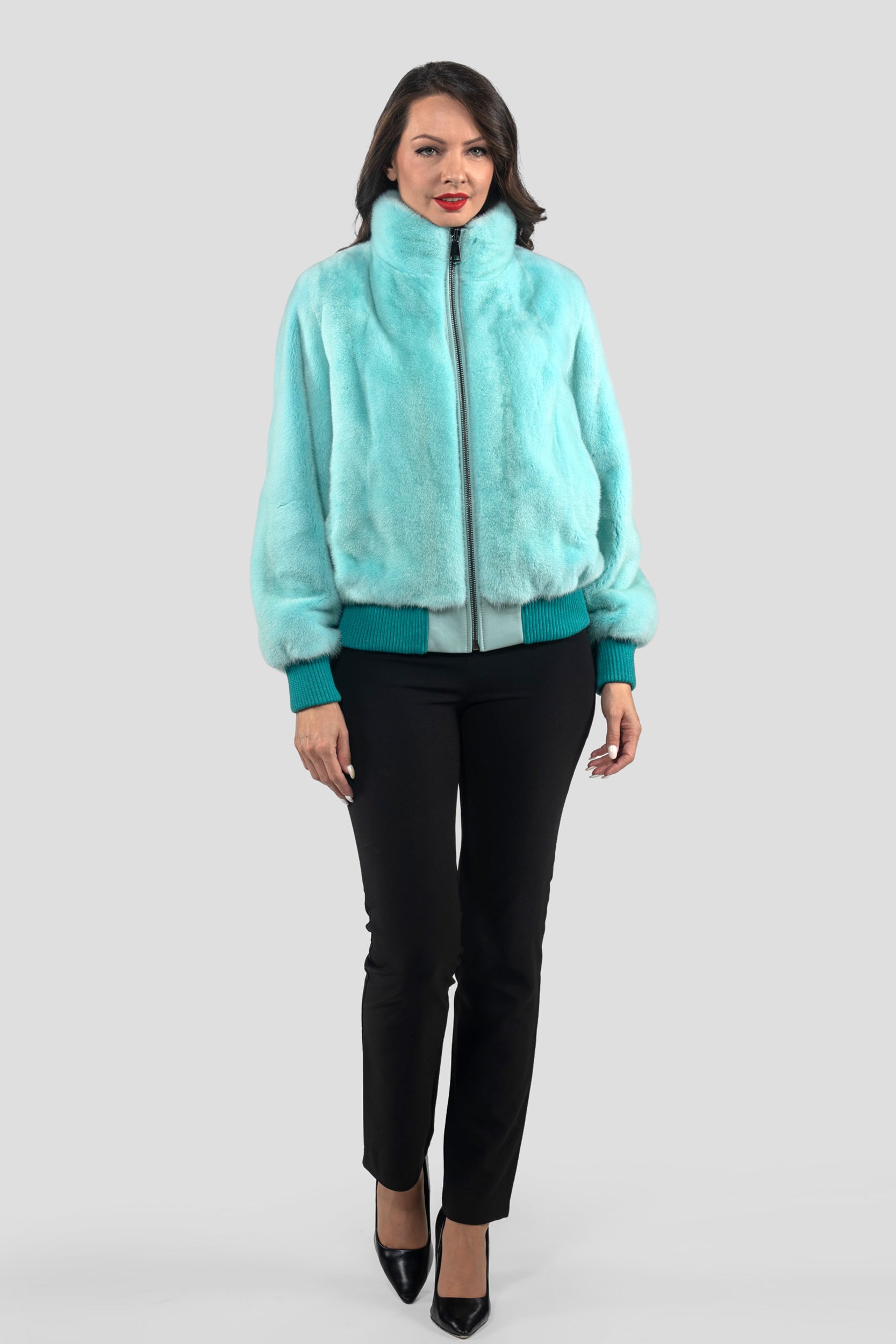 Mint Mink Bomber Jacket With stand Collar