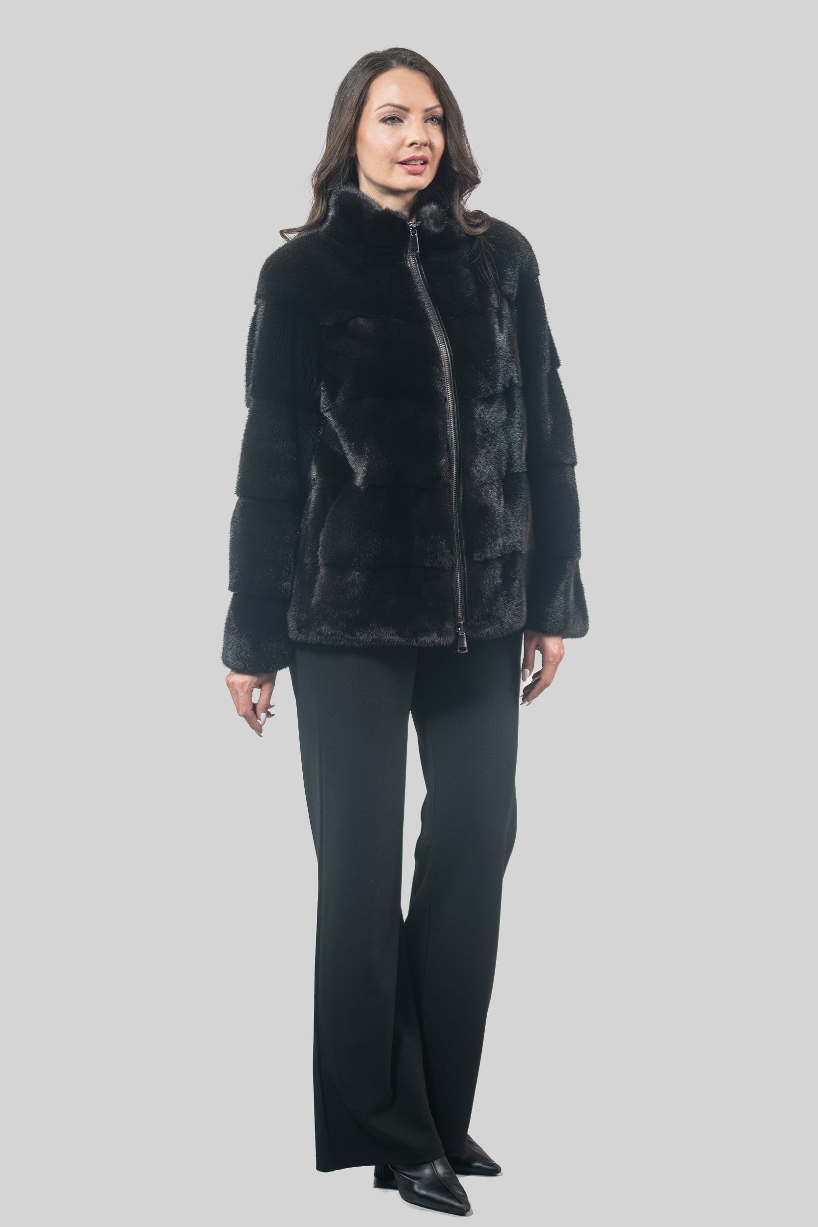 Black Mink Jacket with Stand Collar and Zipper