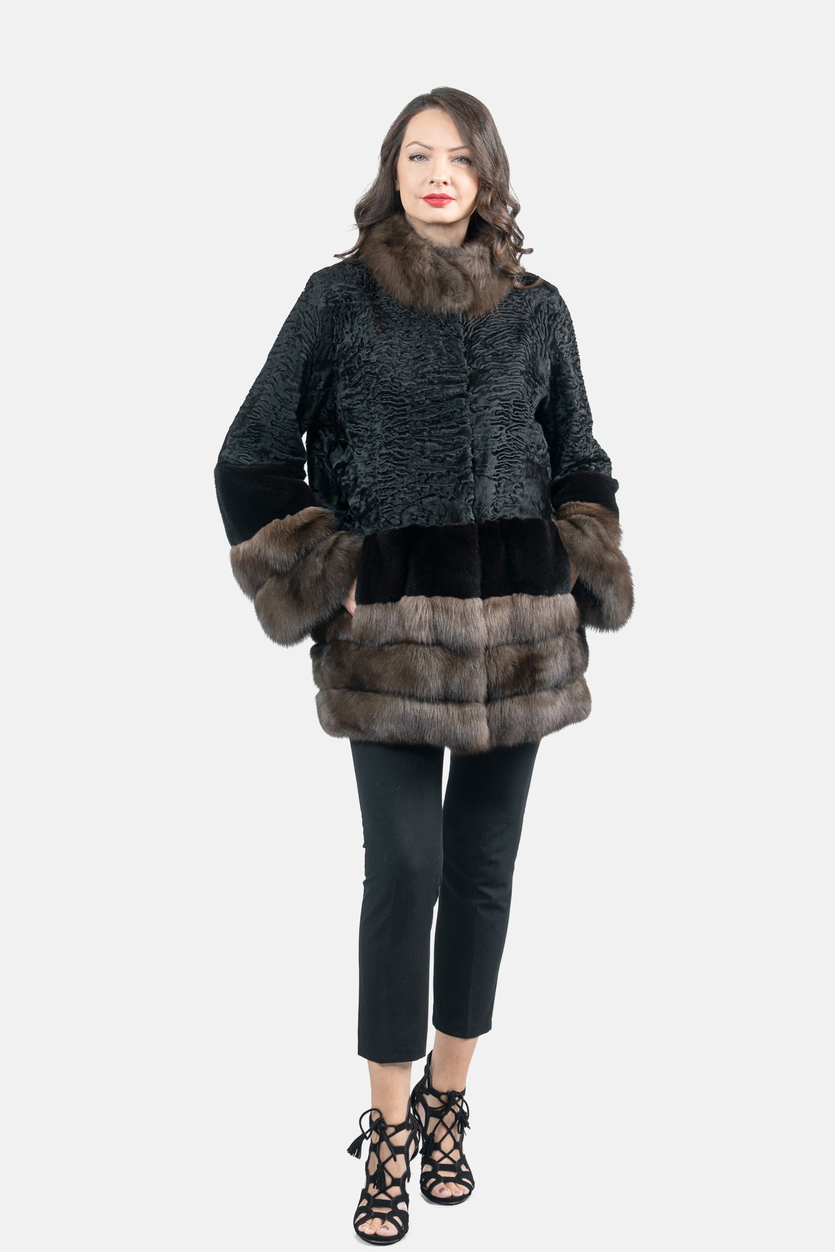 Black Swakara Half Coat with Mink and Russian Sable Trim