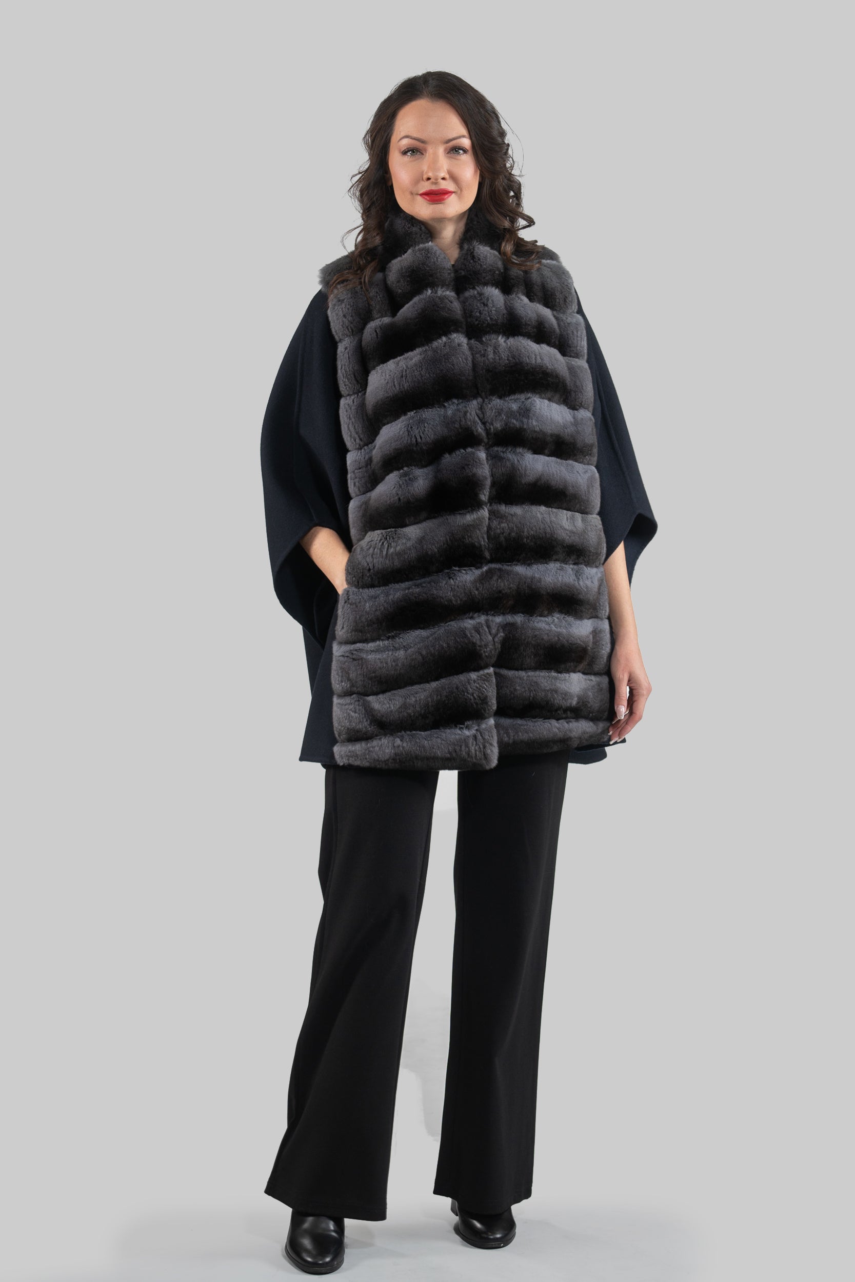 Blue Black Cashmere Cape with Oracle Chinchilla Trim