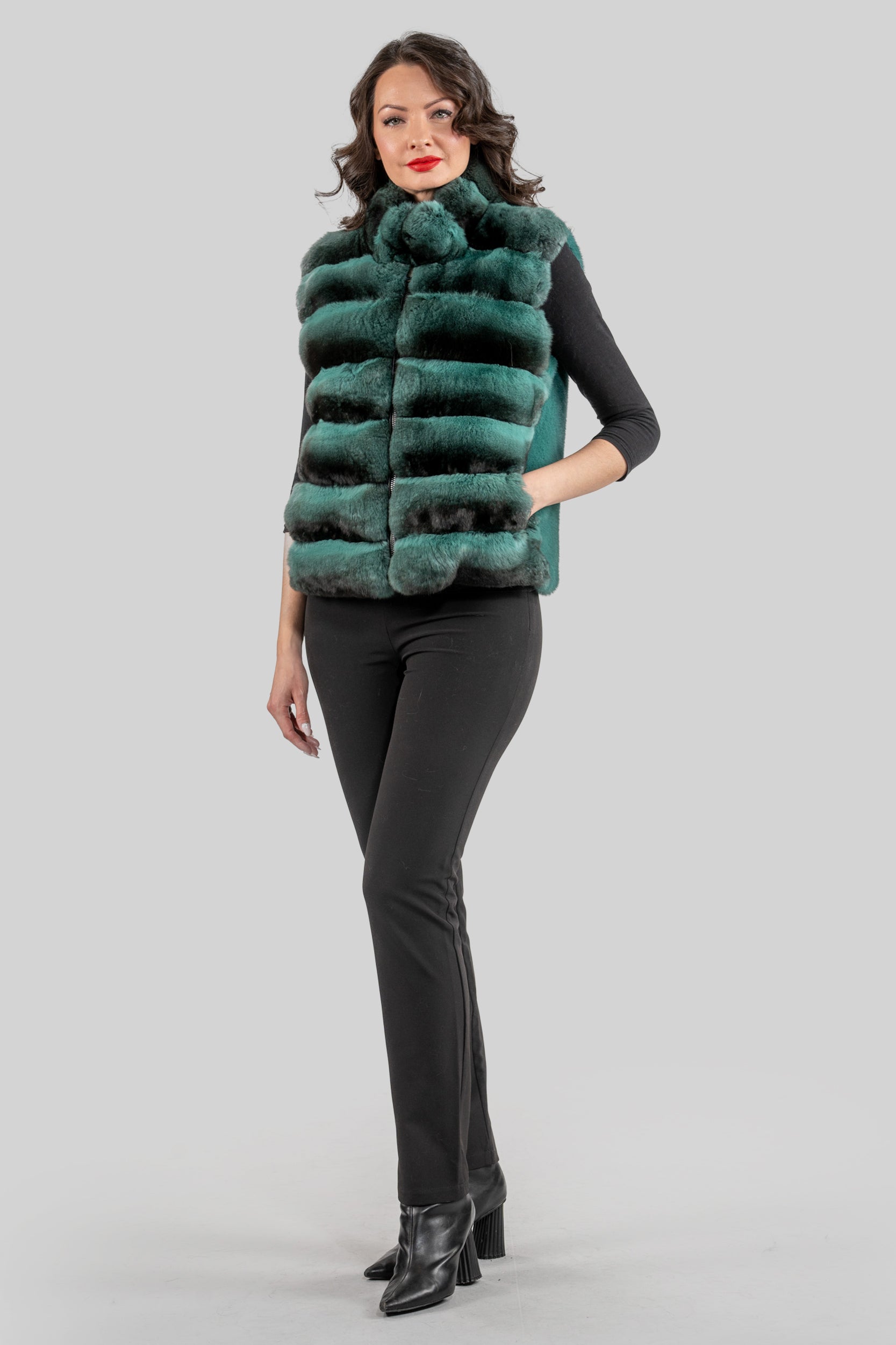 Emerald Green Chinchilla Fur Vest with Stand Collar and Mink Trim