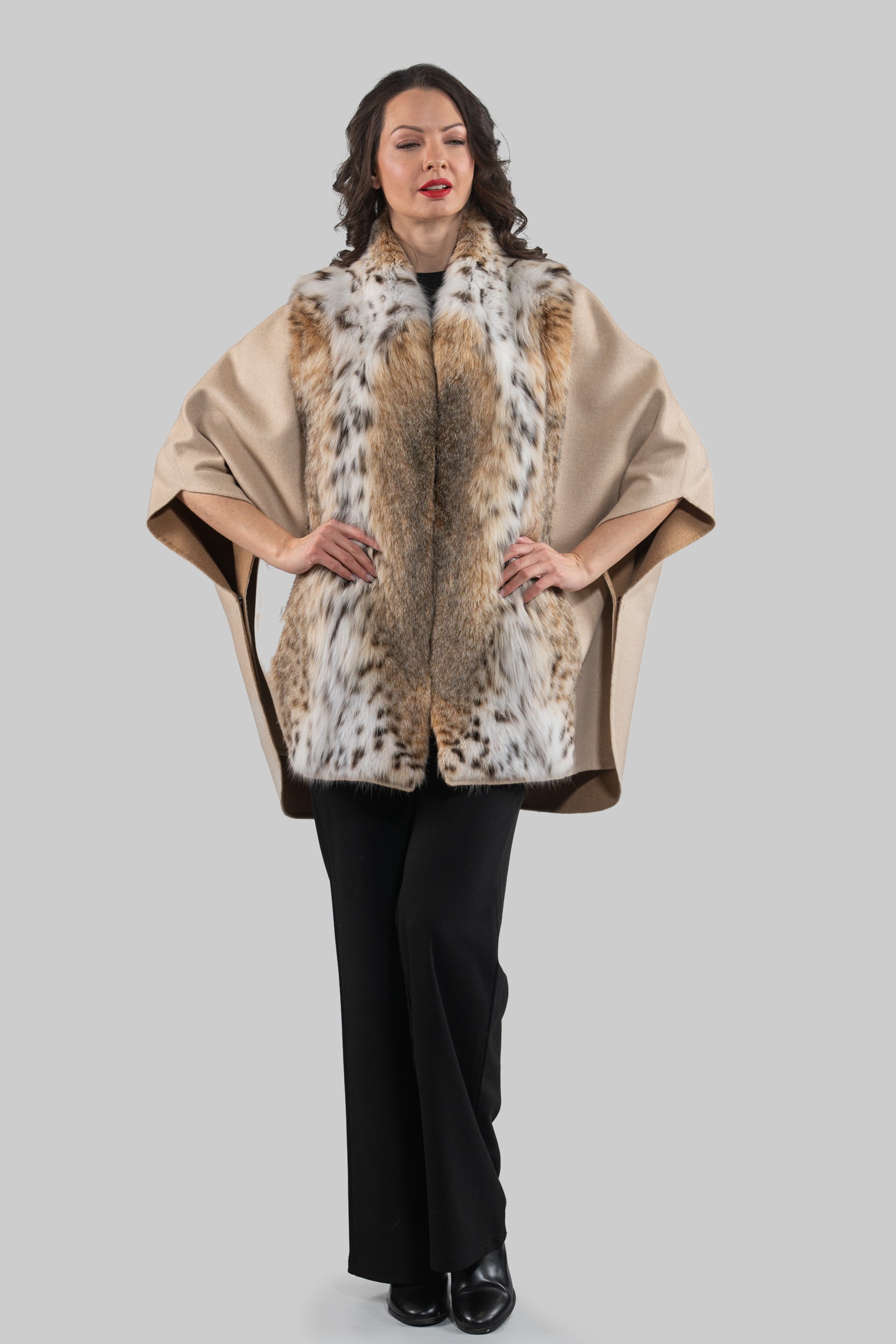 Ecru Cashmere Cape with Bobcat Fur Trim