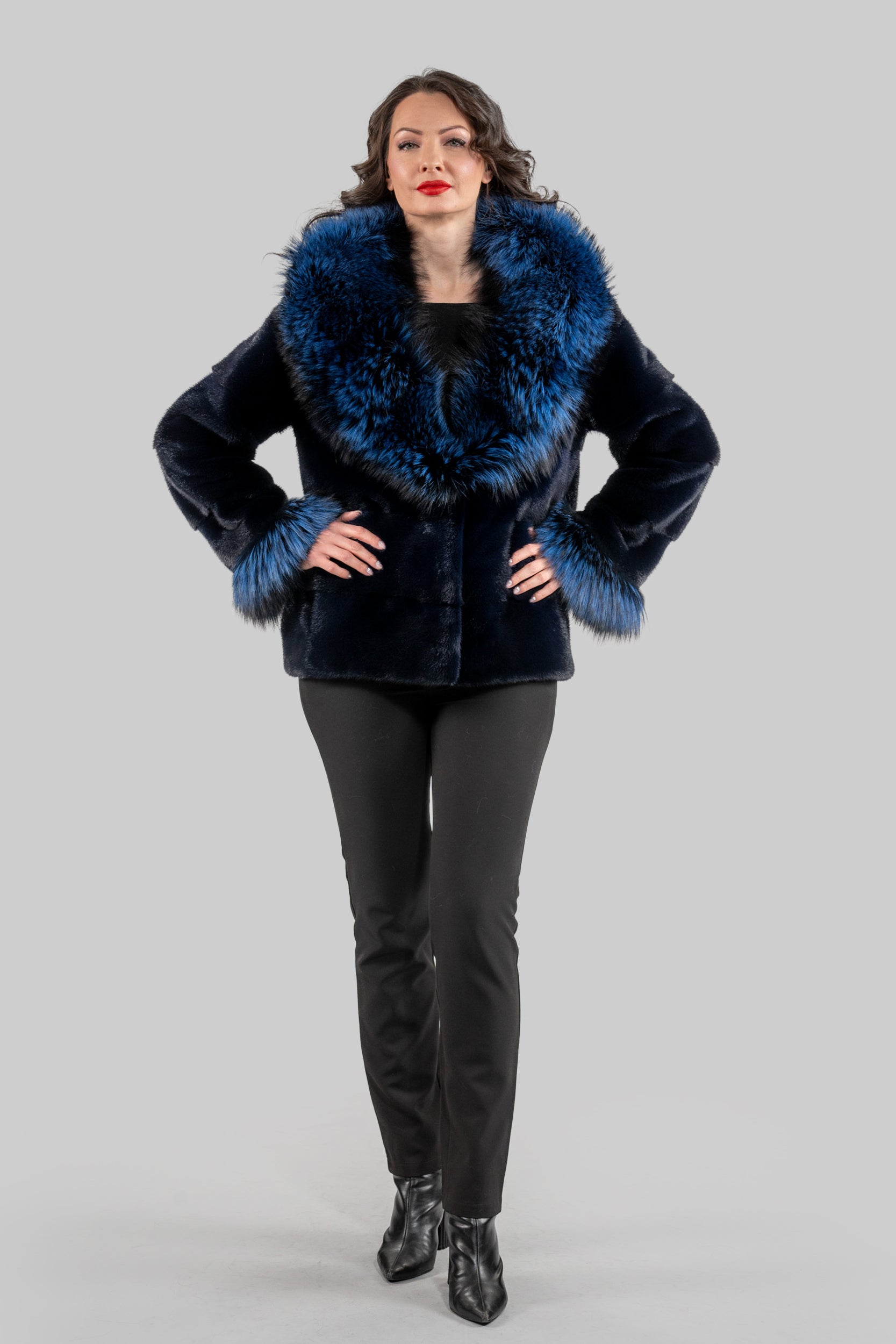 Purple Mink Jacket with Fox Trimmed Shawl Collar