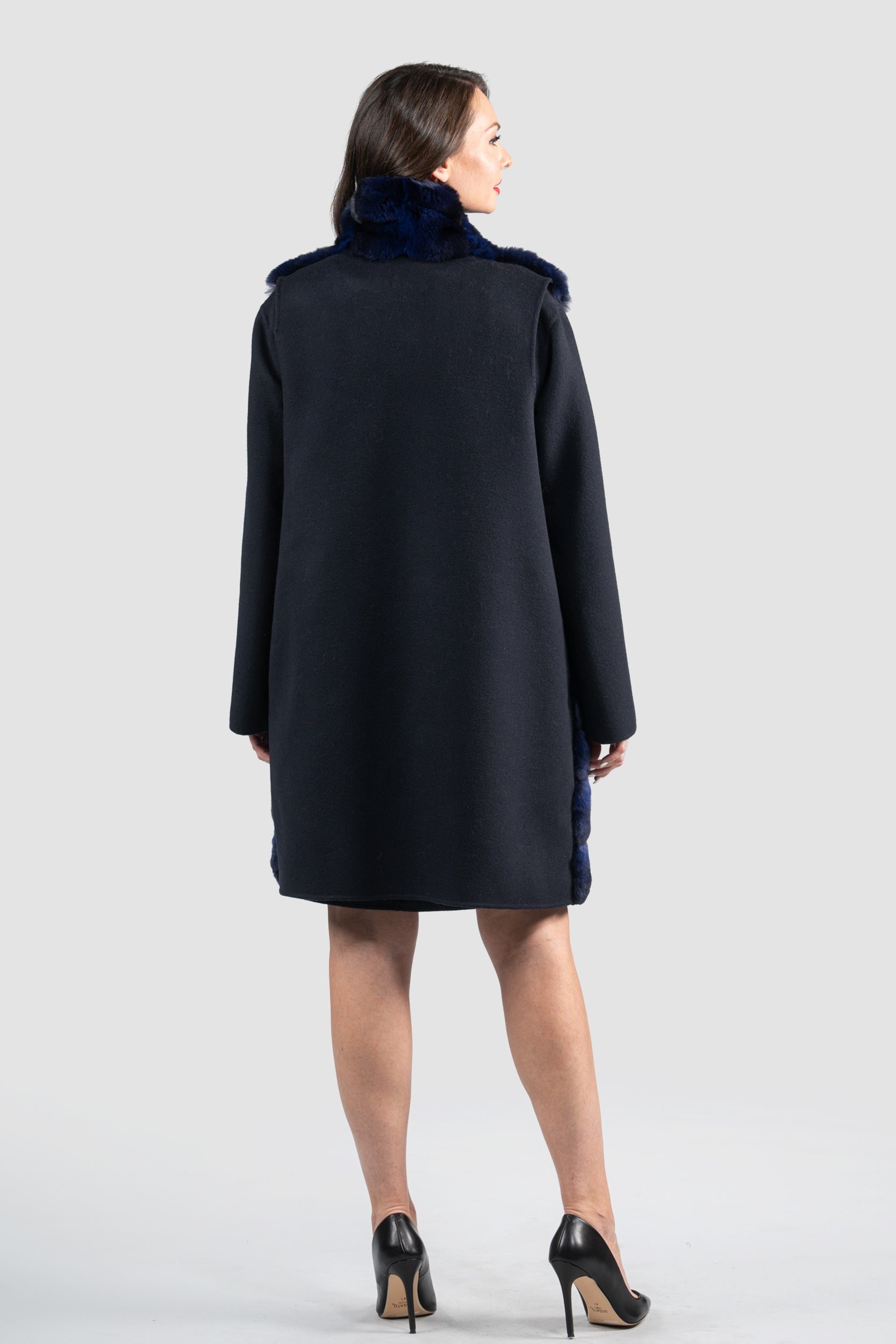 Blue Black Cashmere Half Coat & Vest with Chinchilla Trim