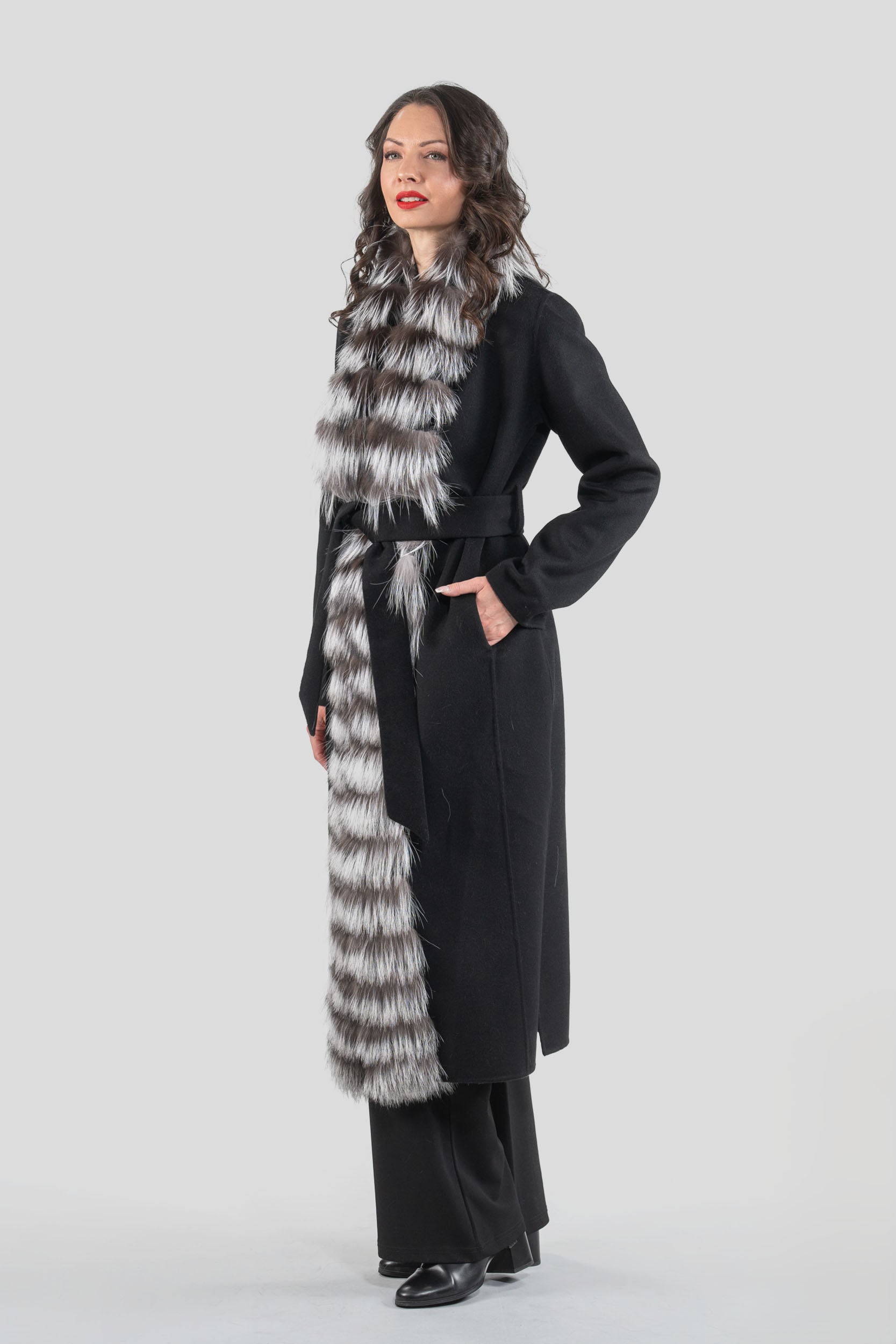 Black Cashmere Coat with Fox Trim