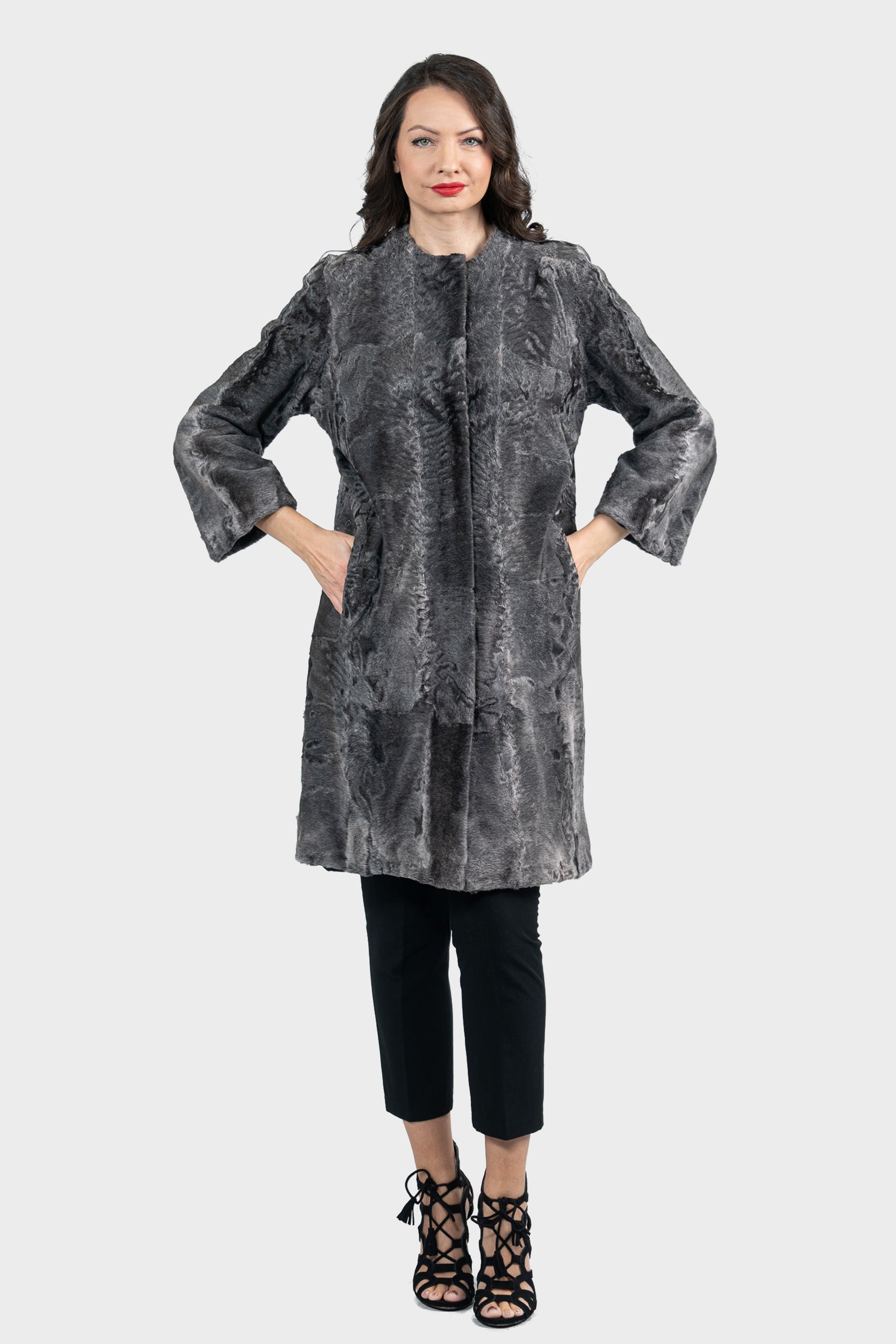 Gray Swakara Collarless Half Coat