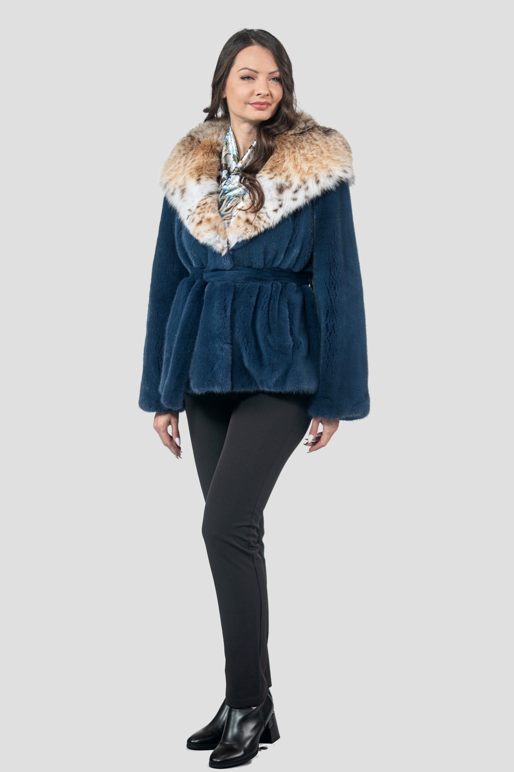 Blue Jean Mink Half Coat with Bobcat Hood