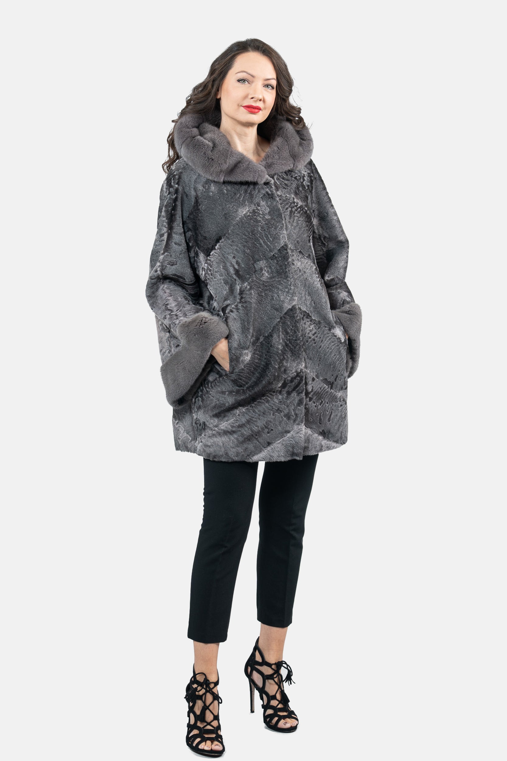 Grey Moon Swakara Half Coat with Mink Trim