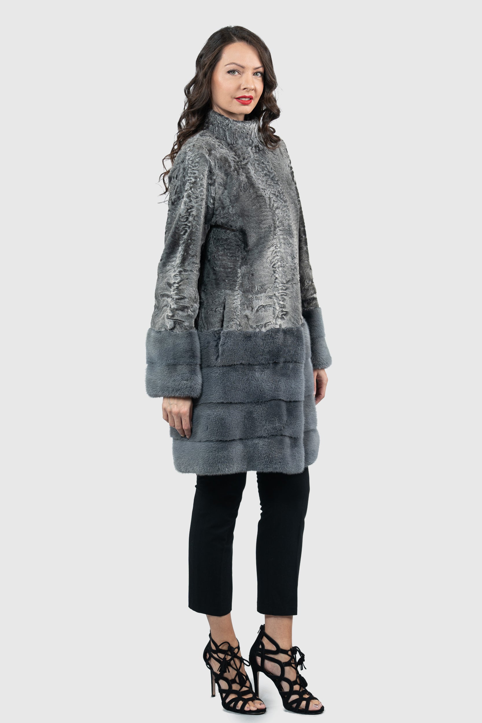 Gray Swakara Half Coat with Mink Trimmed Hem